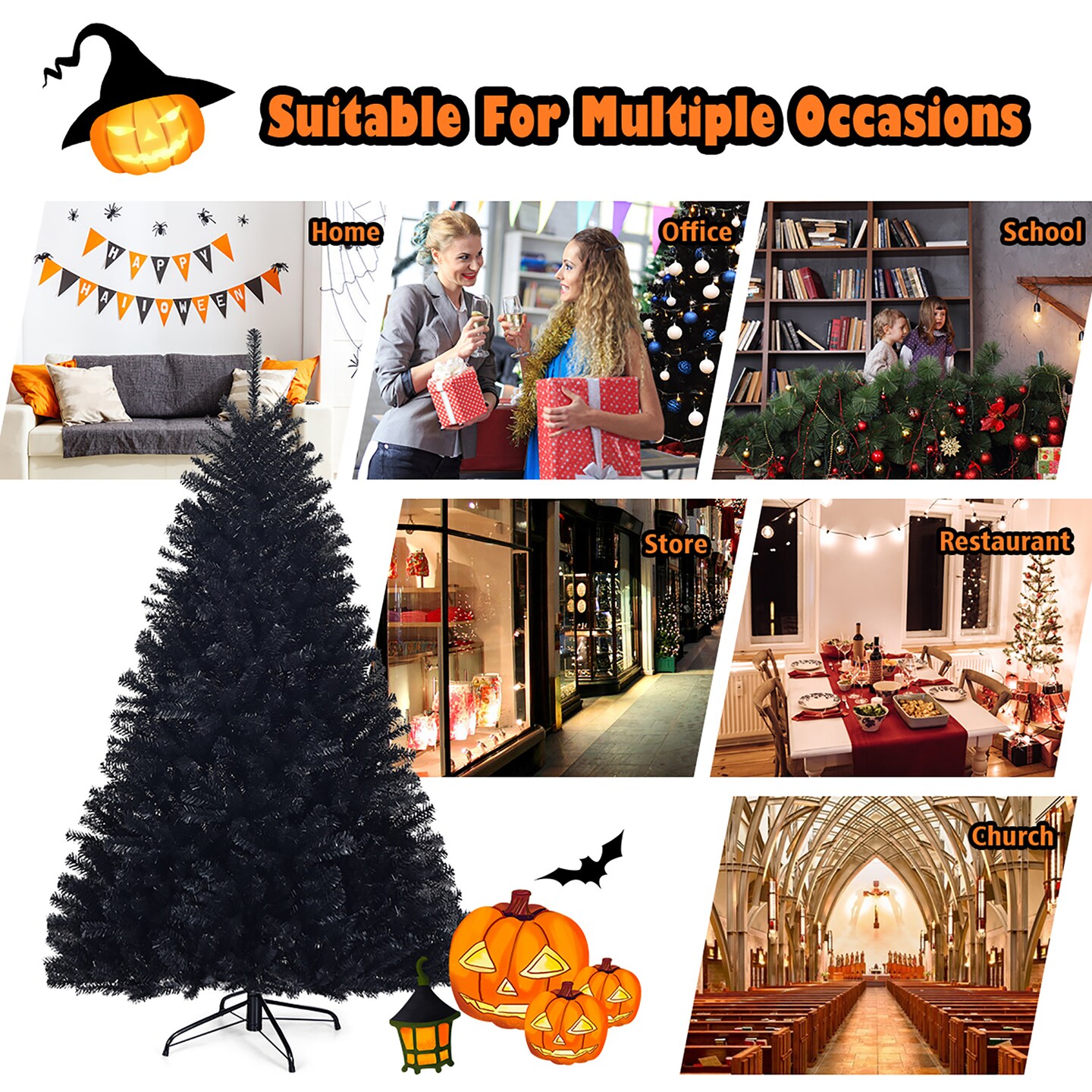 Costway 7.5Ft or 6Ft Hinged Artificial Halloween Christmas Tree Full Tree with Metal Stand Black