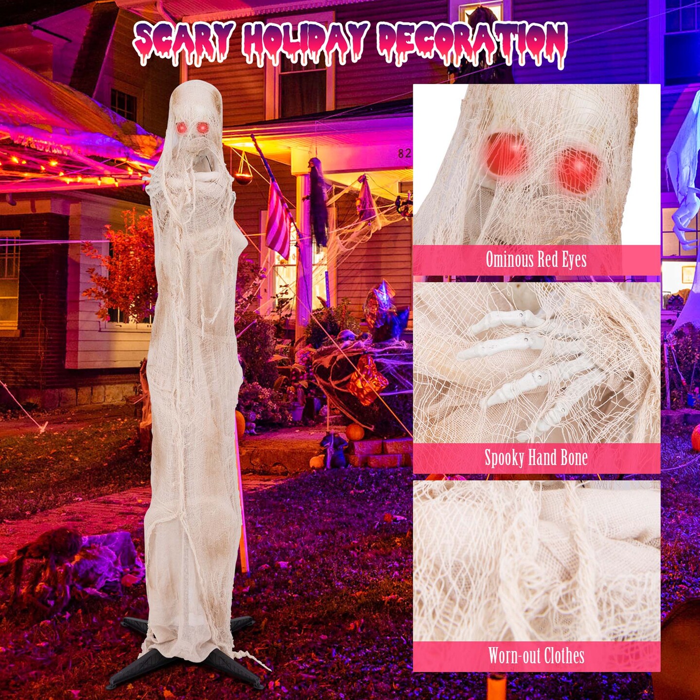 Costway 6FT Halloween Animated Standing Mummy Life Size Animatronic Mummy w/ LED Red Glowing Eyes Posable Body Sound Activation