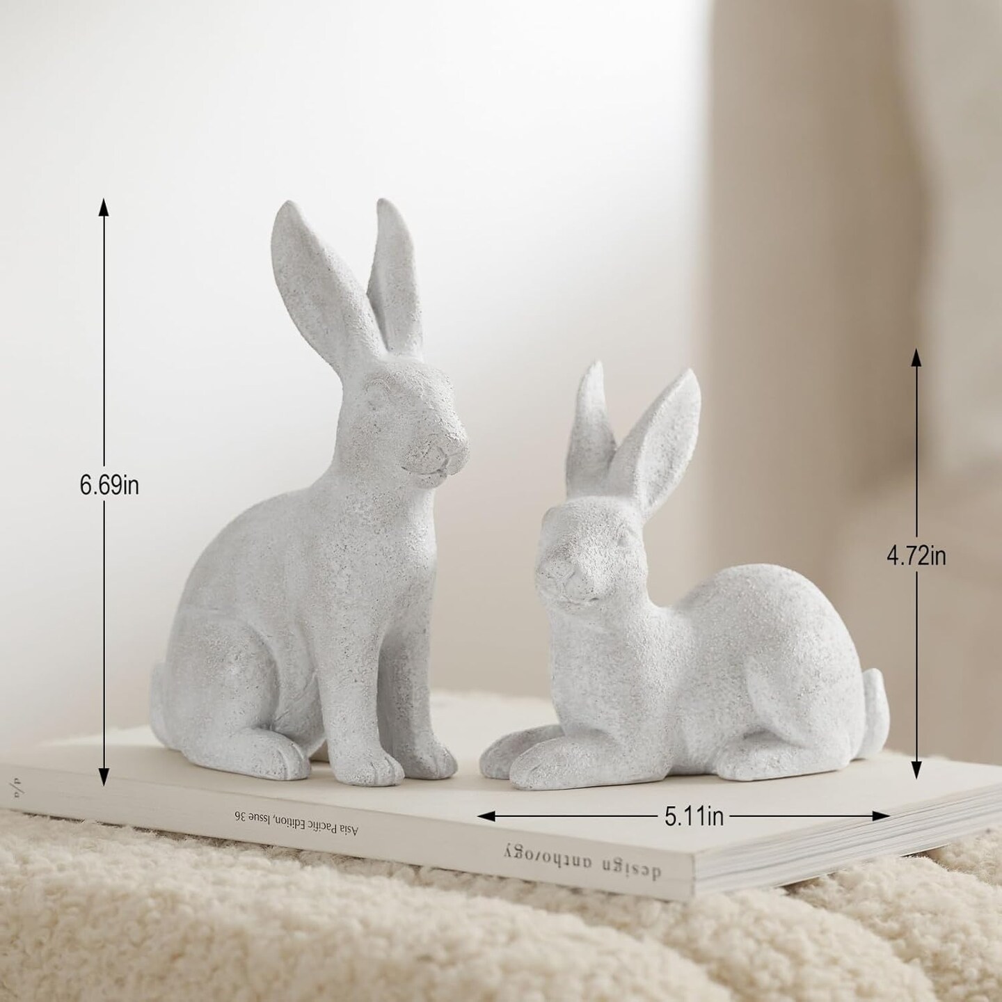 White Frosted Resin Bunny Figurines Set of 2 – Easter Bunny Tabletop Decor, Spring Home Decorations, Rabbit Statues for Living Room, Table Centerpiece, Indoor Easter Ornaments