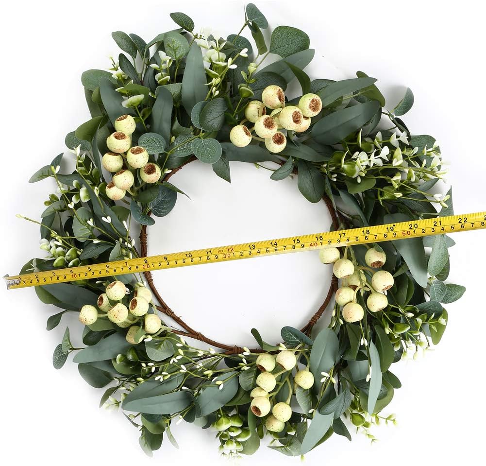 20" Spring Eucalyptus Wreath for Front Door – Green Artificial Spring Summer Wreath with Large Berries for Wall, Porch, Window, All-Season & Christmas Home Décor
