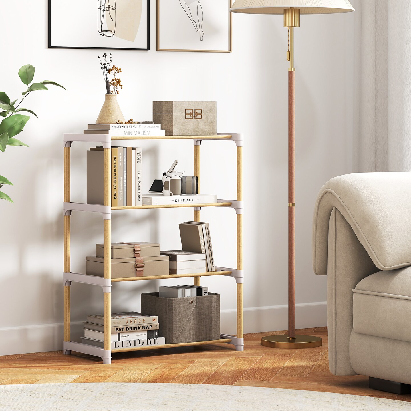 Natural Grey 4-Tier Shoe Rack Pine Wood Stackable Storage Organizer