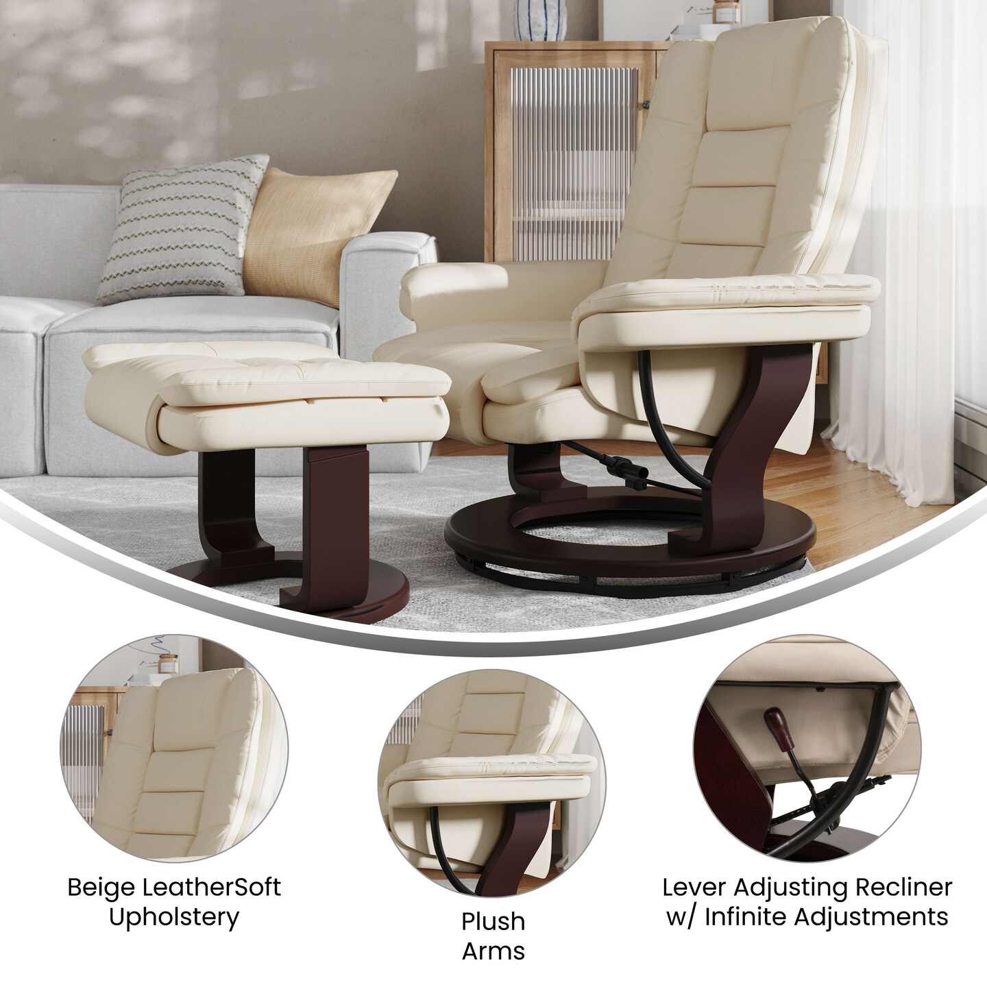 Emma and Oliver Multi-Position Stitched Recliner & Ottoman with Swivel Base