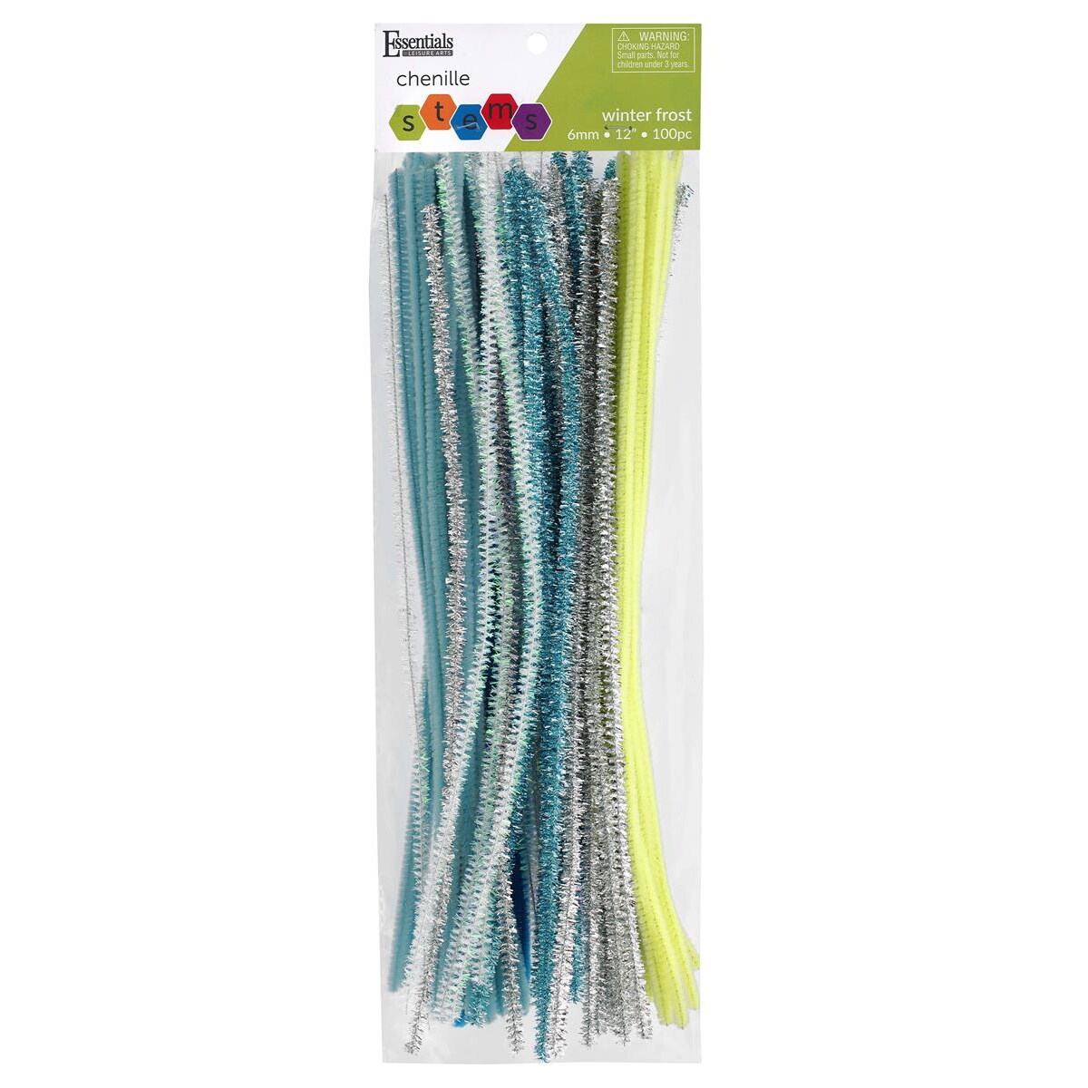 Essentials By Leisure Arts Winter Frost Assorted Chenille Stems 12 Inch 6mm, Bendable Craft Pipe Cleaners with Tinsel Accents for DIY Projects, 100 Pack