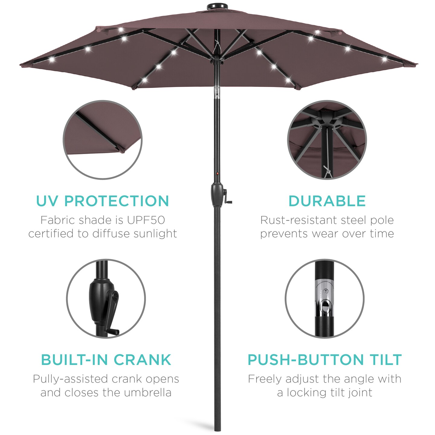 Best Choice Products 7.5ft Outdoor Solar Patio Umbrella for Deck, Pool w/ Tilt, Crank, LED Lights