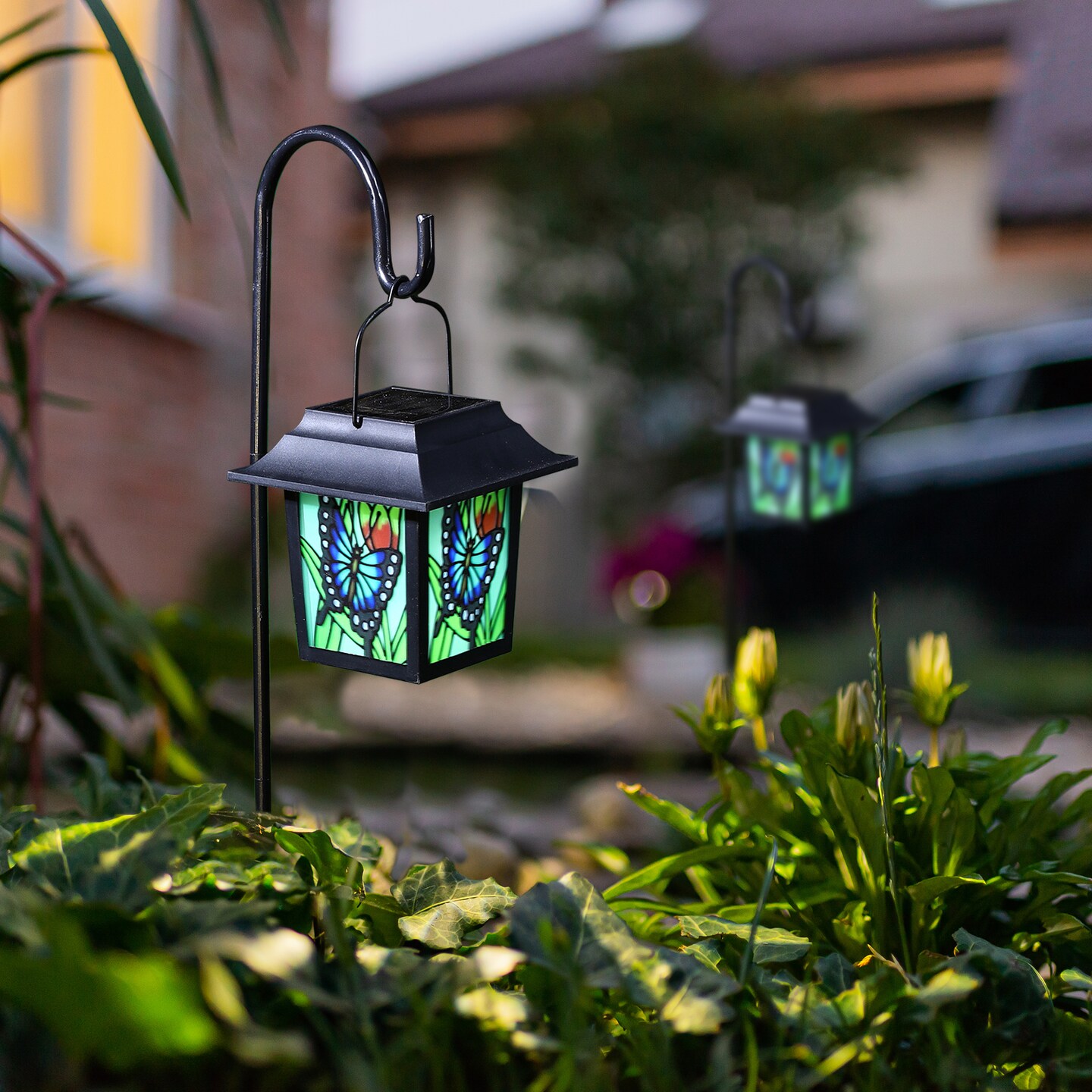 Set of 2 30&#x22;H Solar Powered Butterfly Scene Pattern Garden Lamp or Pathway Light with Ground Stake