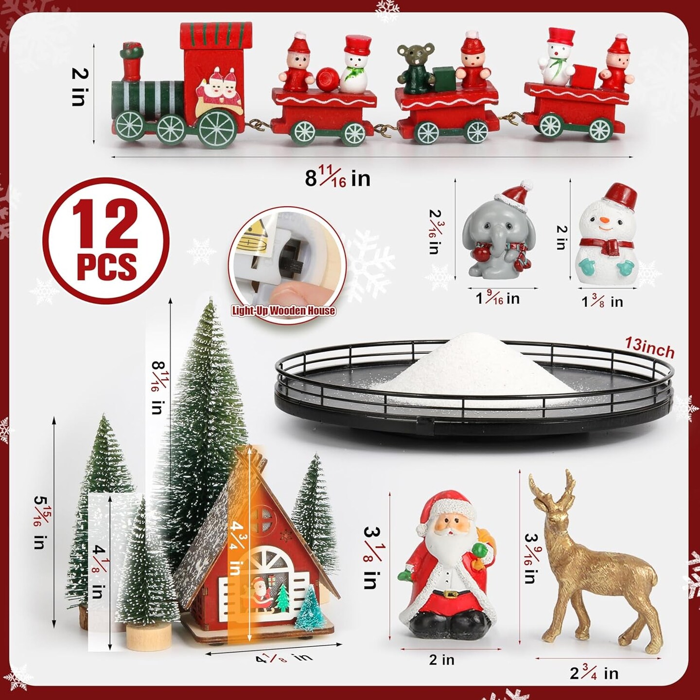 12 Pcs Christmas Table Decorations Indoor Christmas Village Sets, Winter Xmas Holiday 13&#x201D; Lazy Susan with Light-Up House Christmas Trees Santa Snowman Table Centerpieces Town Building Collection D&#xE9;cor