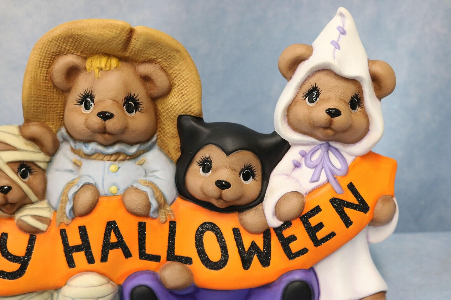 Happy Halloween Sign, Hand Painted Ceramic Bear, Bear Witch, Bear