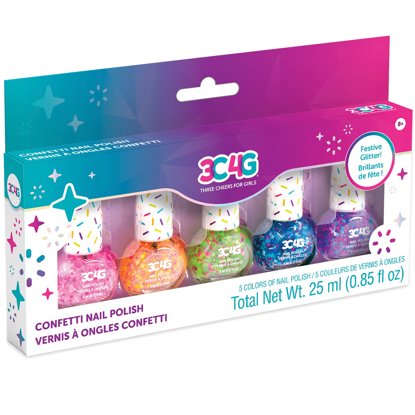 3C4G: Confetti Nail Polish Set - 5 Bottles, Make It Real, Tweens &#x26; Girls, Non-Toxic Long-Lasting Polish, Festive Glitter, Vibrant Colors, Three Cheers For Girls, Kids Ages 8+