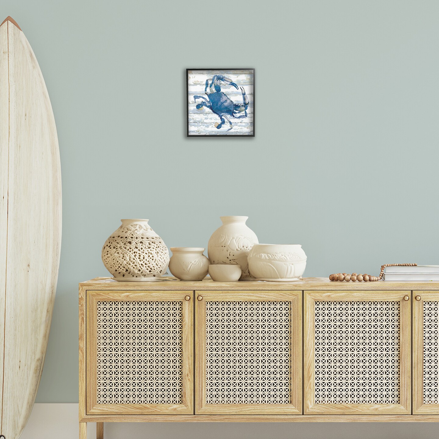 Stupell Industries Blue Crab on Distressed Framed Giclee Wall Art Design by Jessie Perry
