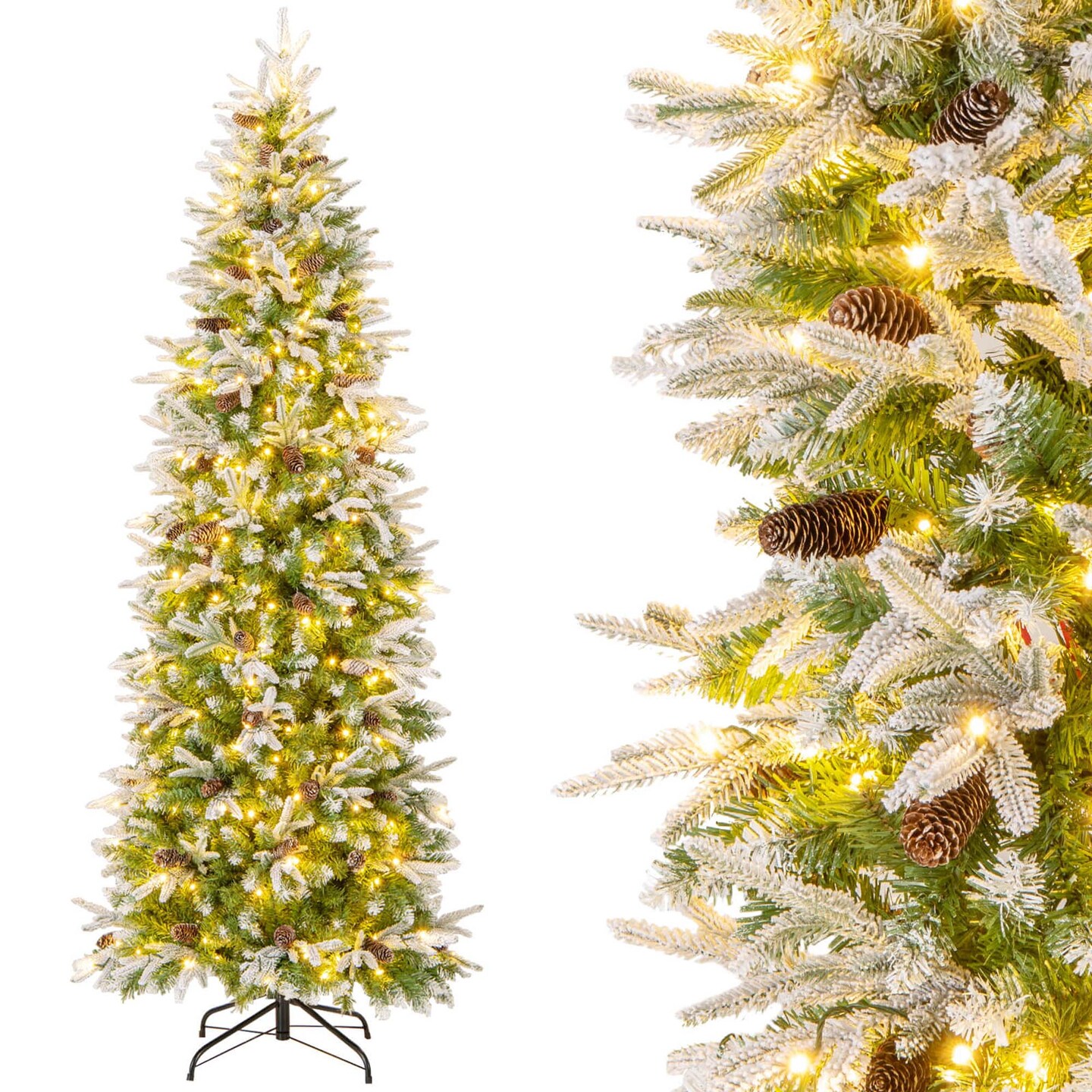 Costway 6/7.5/9 FT Flocked Christmas Tree with 671/913/1310 PE PVC Branch Tips 280/350/470 Warm White LED Lights