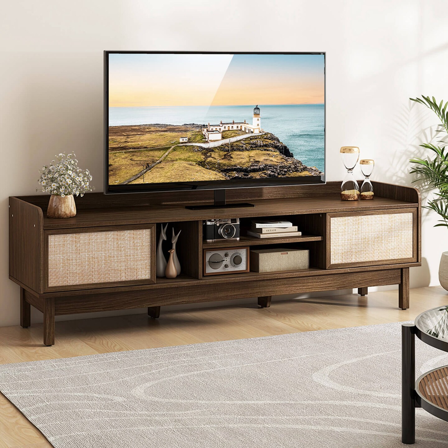 Costway Wooden TV Stand for TVs up to 65&#x22; with Storage Adjustable Shelf &#x26; Sliding Doors Walnut