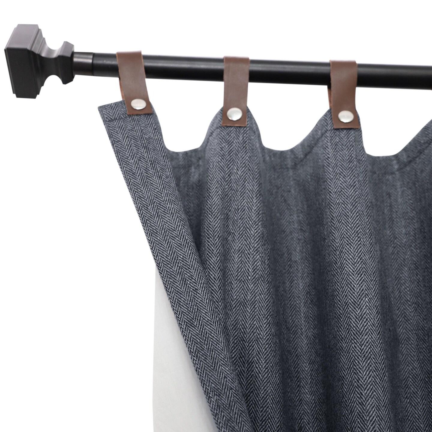 Navy Blue Herringbone Wool Curtains, Custom Made Curtains, Leather Tab Curtains, Curtains For Fixed Rod, Extra Long