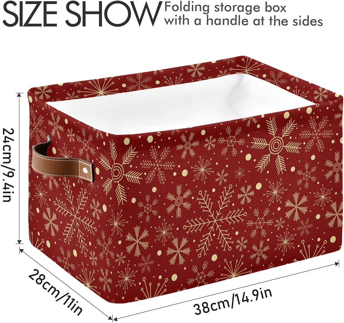 Christmas Basket, Large Foldable Storage Basket with Handles Christmas Snowflakes On Dark Red Fabric Collapsible Storage Bins Organizer Bag for Storage 15 x 11 x 9.5 inch