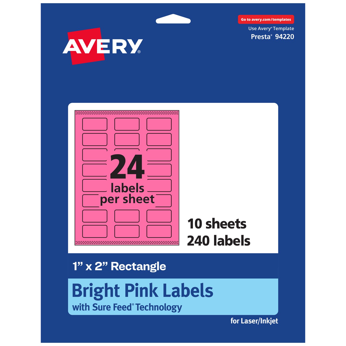 Avery Bright Pink Paper Labels, 1&#x22; x 2&#x22; Rectangle