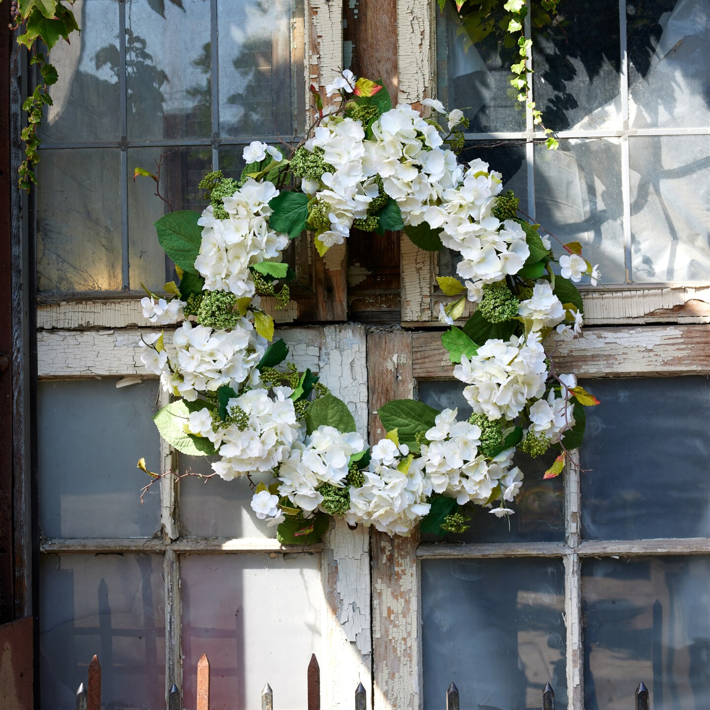 Melrose Hydrangea and Sedum Artificial Spring Floral Wreath - 32" - White and Green