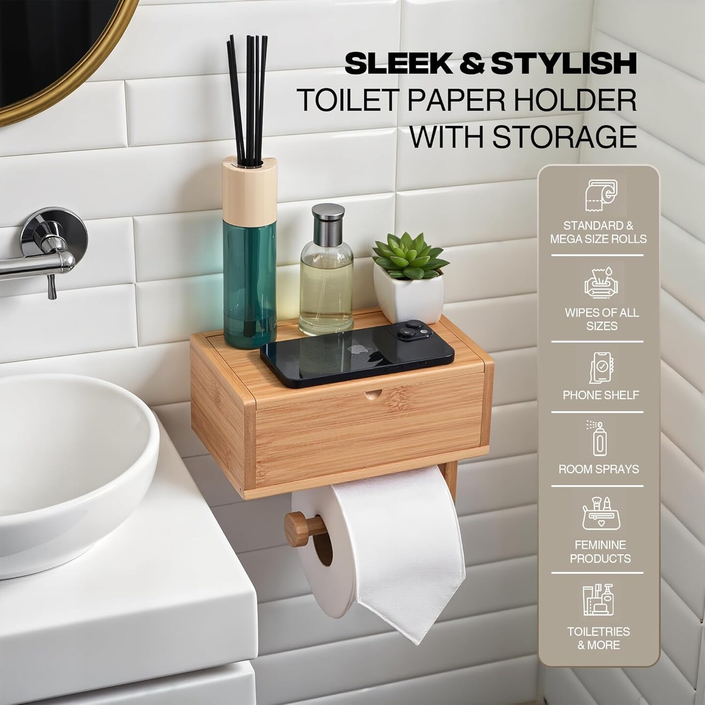 Bamboo Toilet Paper Holder with Wipes