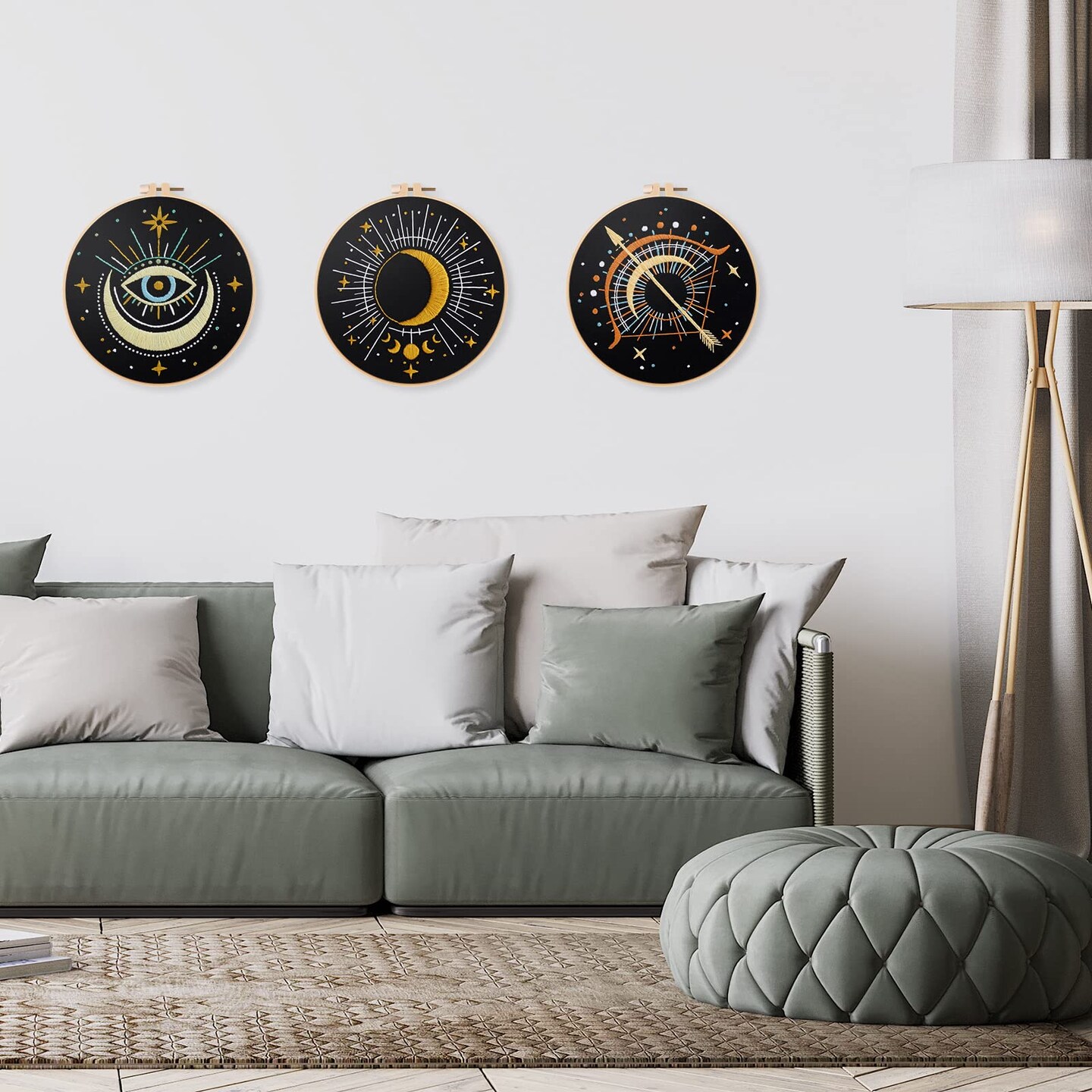 Louise Maelys 3 Set Tarot Moon Embroidery Kits for Beginners with Evil Eye Pattern,Adults Starter Cross Stitch Kit DIY Needlepoint