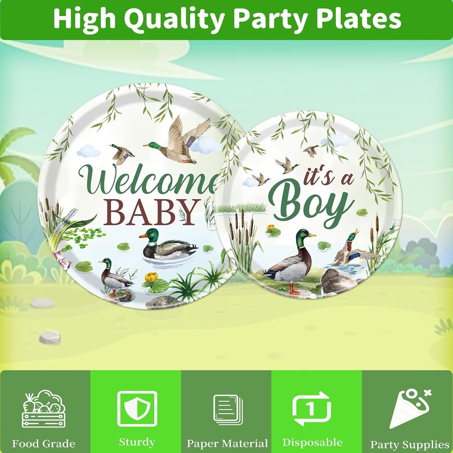 96PCS Mallard Duck Baby Shower Tableware Set Serve 24 (Green)