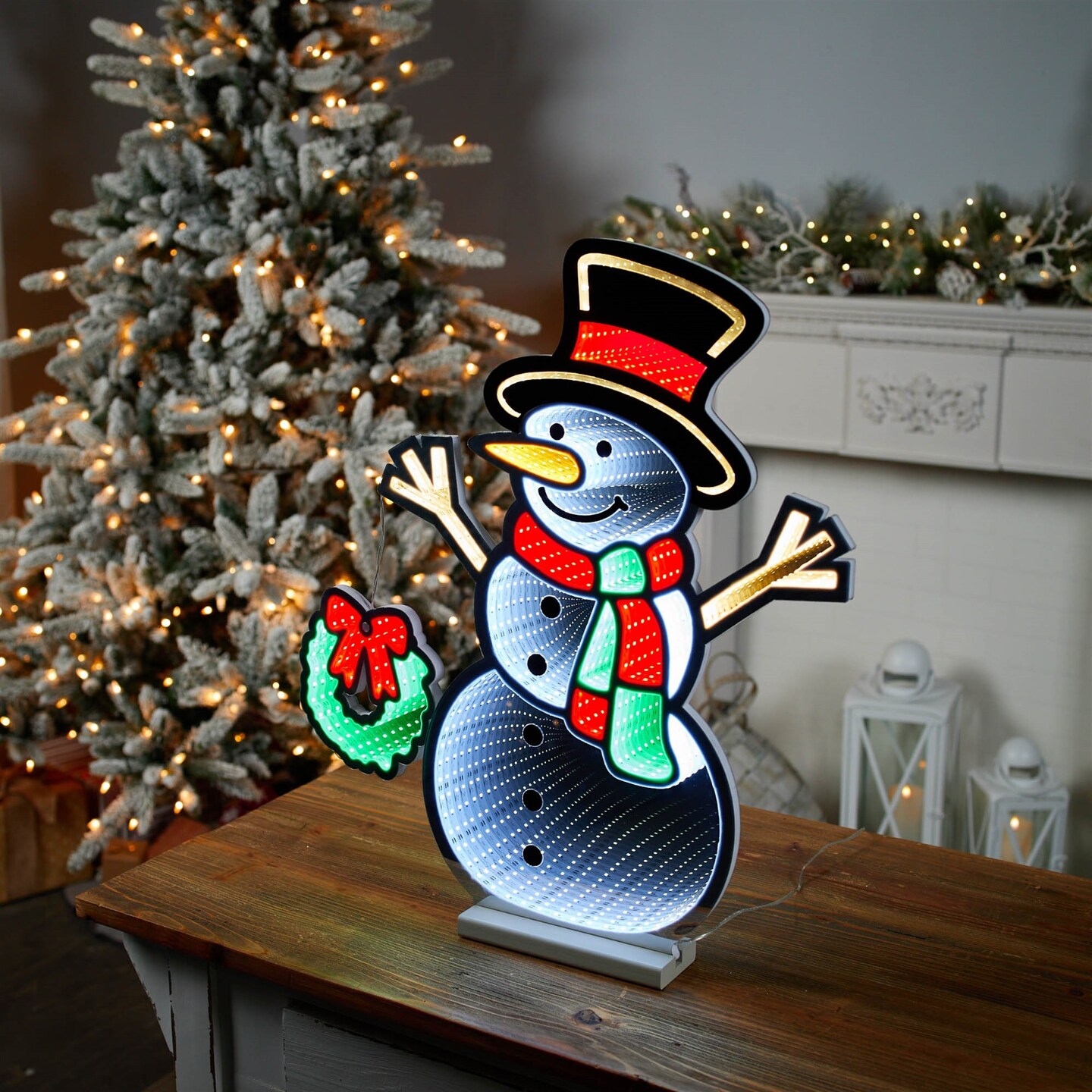 Melrose LED Lighted Snowman with Wreath Christmas Infinity Mirror - 24" - White and Green