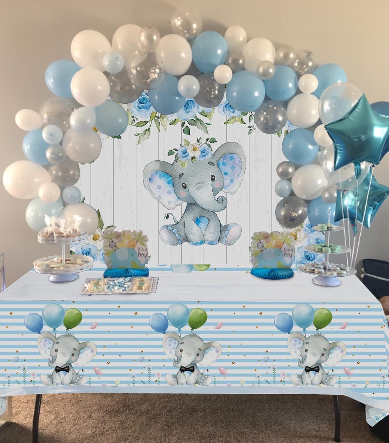 Blue Watercolor Elephant Elephant Flowers Party Backdrop Table Cover