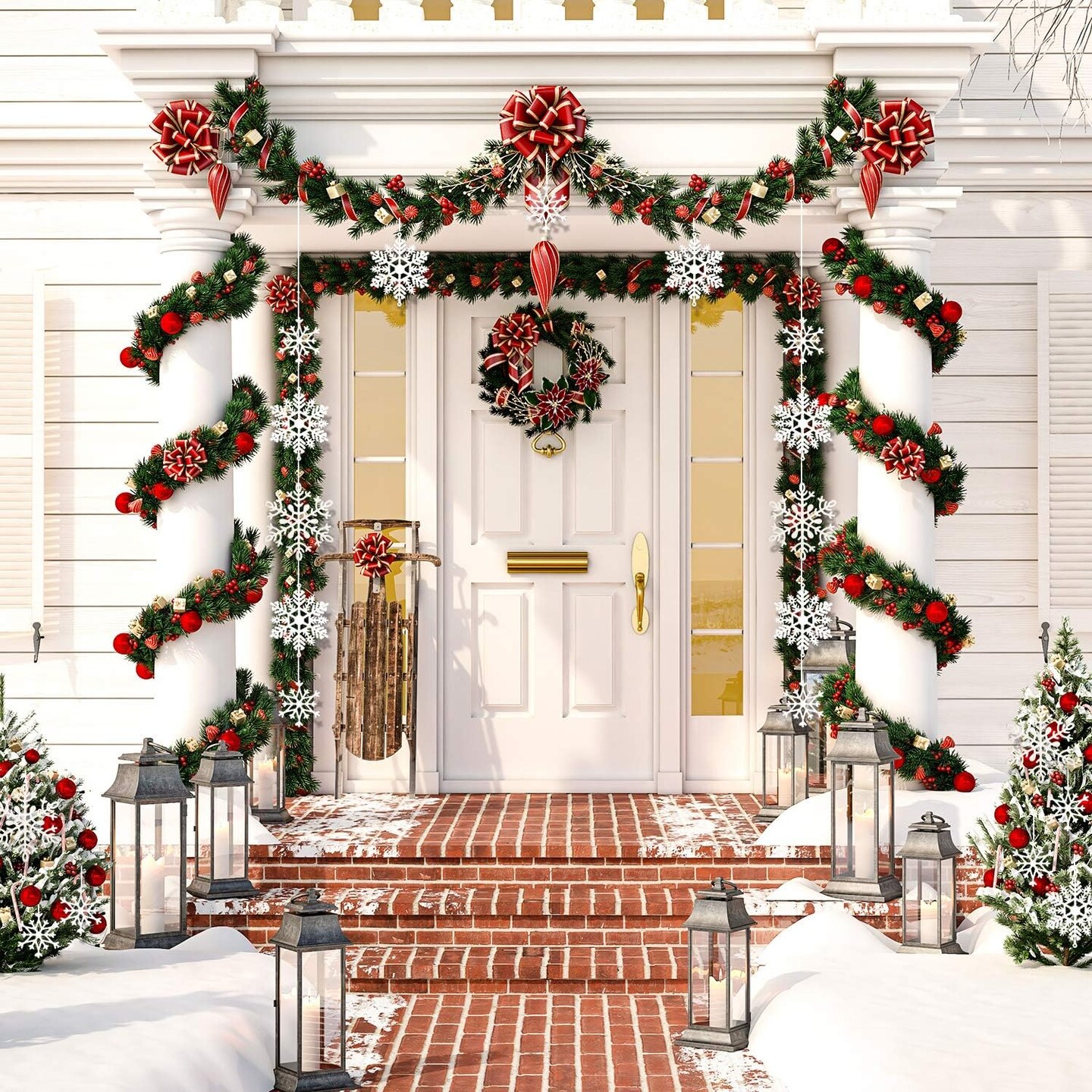 40Pcs White Glitter Snowflake Ornaments with 197 Inches Silver Rope - White