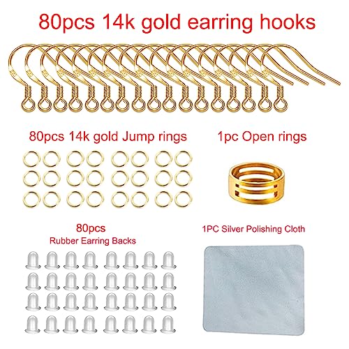 80 Pieces/40 Pairs, Gold Earring Hooks  Ear Wires Fish Hooks, 240pcs Hypo-allergenic Jewelry Findings Parts with Jump Rings and Clear Silicone Earring Backs Stoppers for DIY Jewelry Making (14K Gold)
