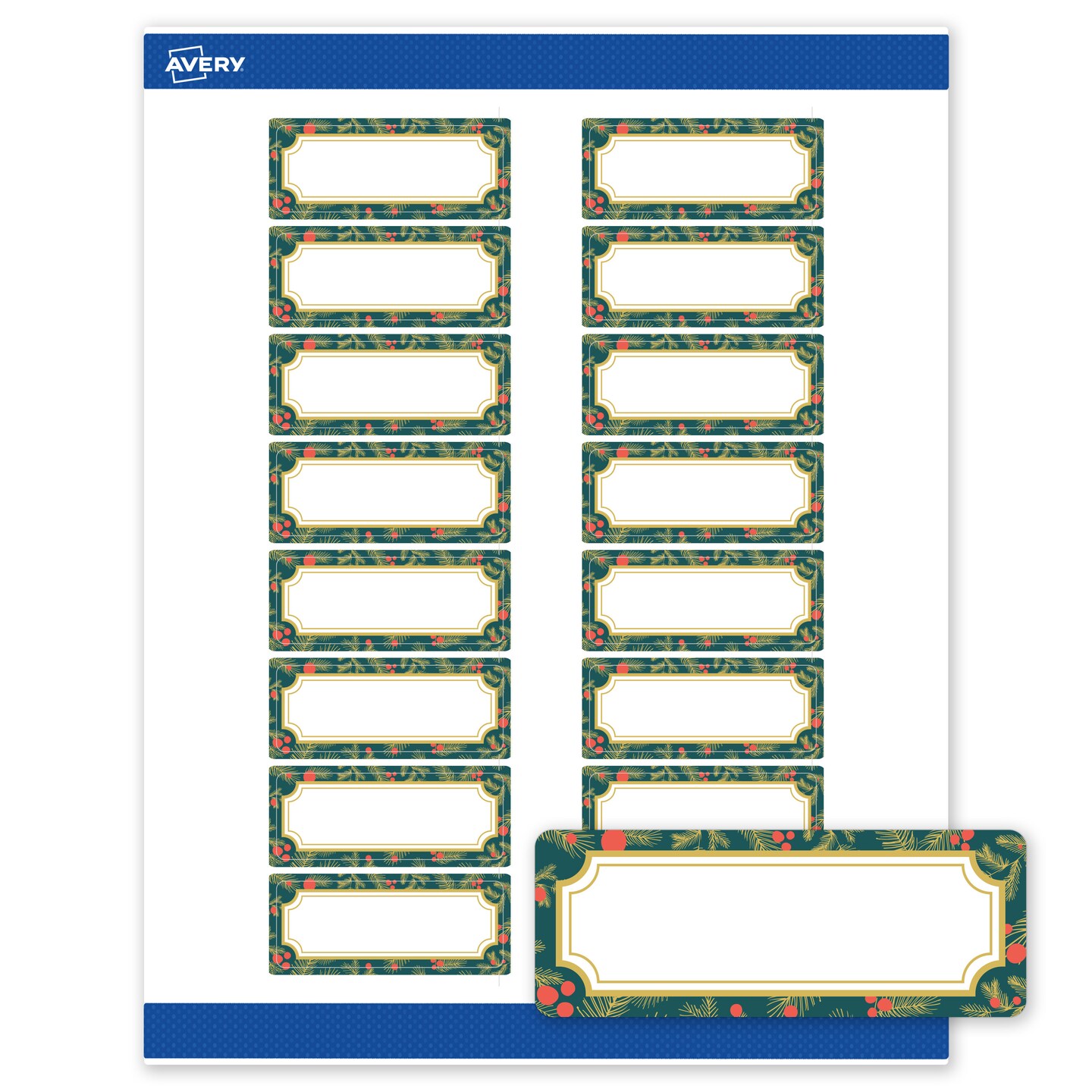Avery Printable Rectangle Labels, 1" x 2-5/8", Matte White, Pre-printed Teal & Metallic Gold Frame Design, Sure Feed Technology, Laser & Inkjet Compatible, 320 Total
