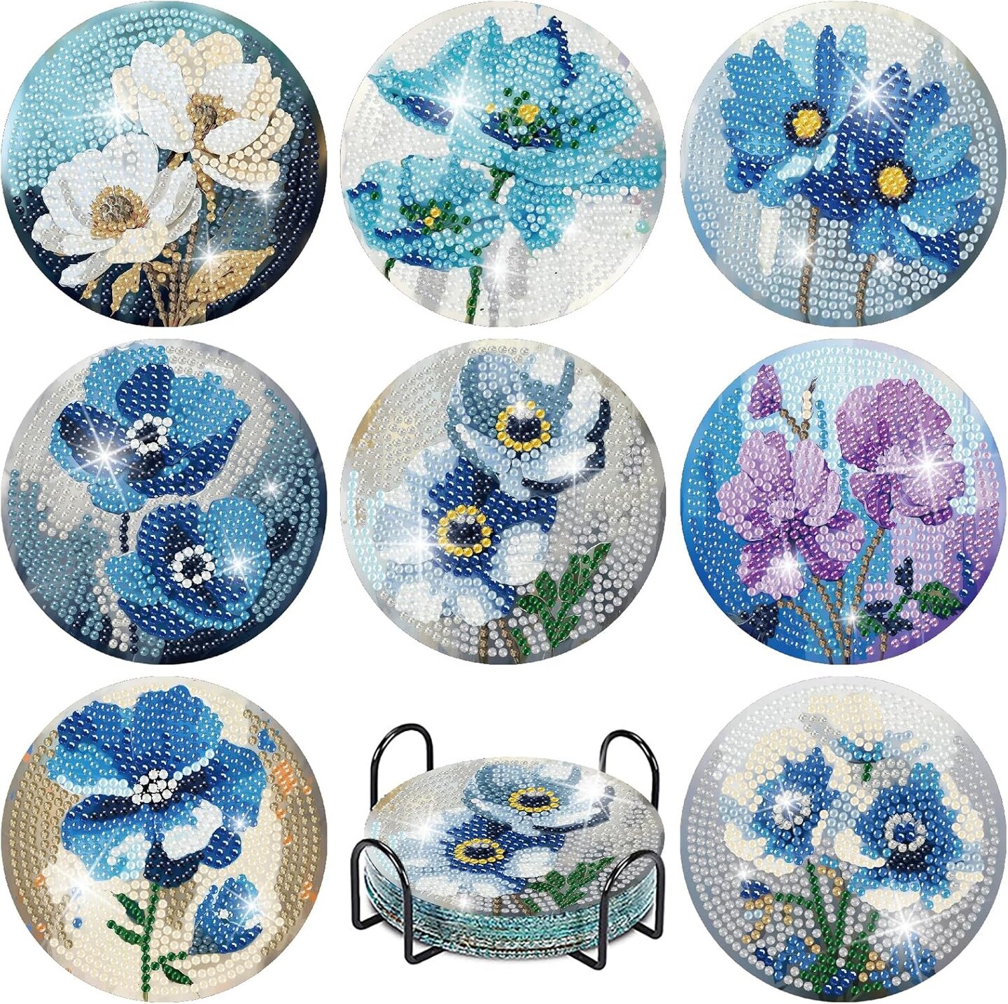 8-Piece Floral Diamond Painting Coaster Set with Holder – DIY Diamond Art Kit for Adults & Beginners, Small Decorative Flower Coasters, Craft Kit for Women