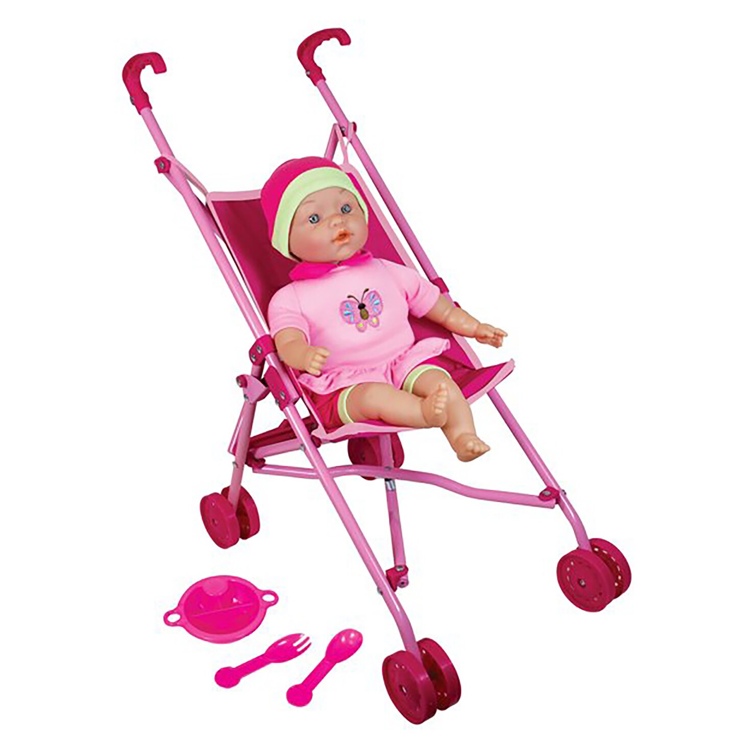 Lissi: 16" Baby Doll & Umbrella Stroller Set - Pink Butterfly Outfit, Matching Hat, Foldable Stroller, Toy Accessories, Plate-Fork-Spoon, Kids 3+