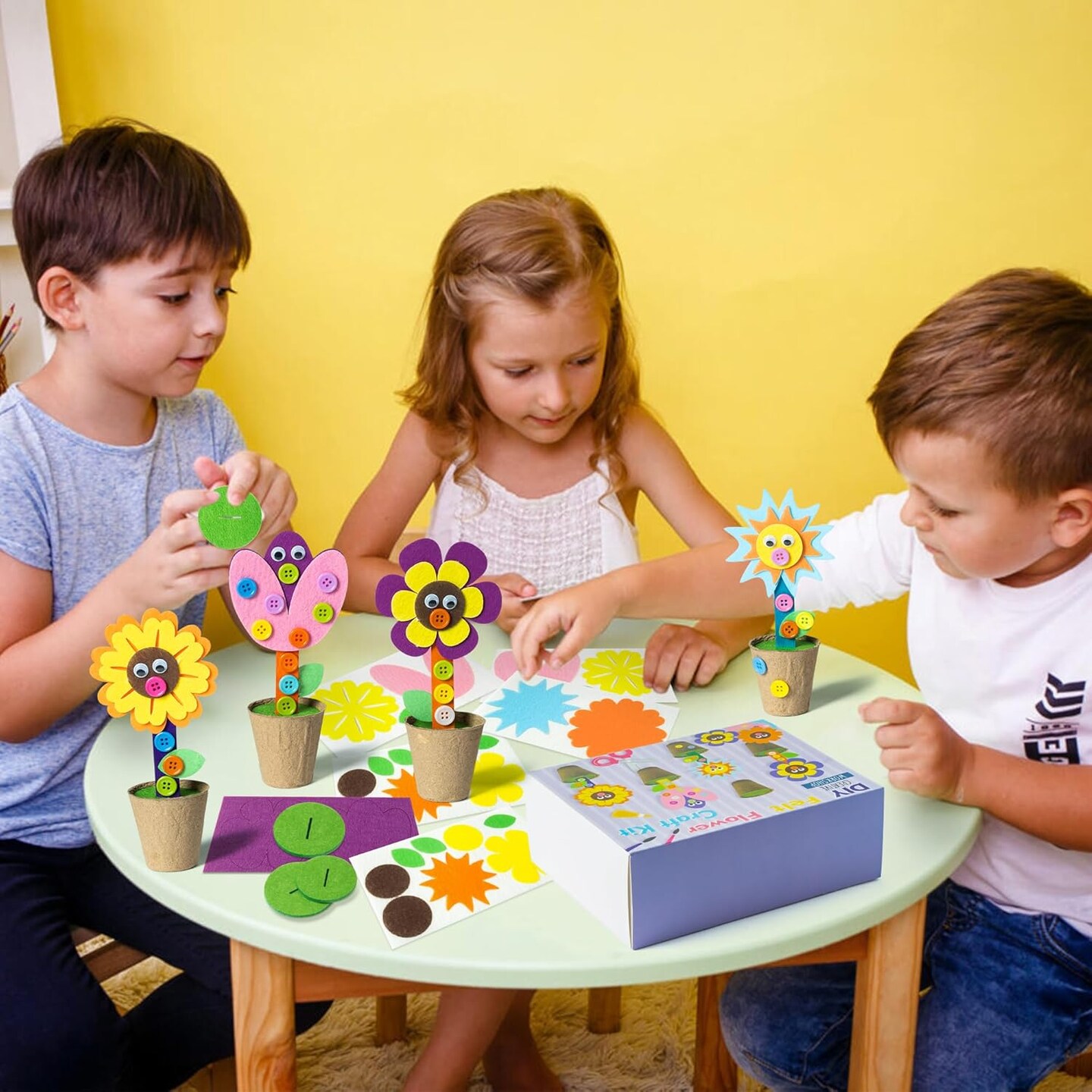 Mother's Day Spring Felt Flower Craft Kits - 16 Pack Make Your Standing Flowers Gift Crafts with Buttons Flower Pot Decor