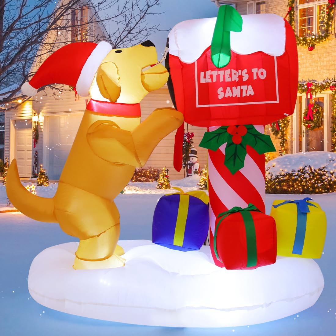 GOOSH 5FT Christmas Inflatables Blow Up Dog and Newspaper Box Inflatable with Built-in LEDs