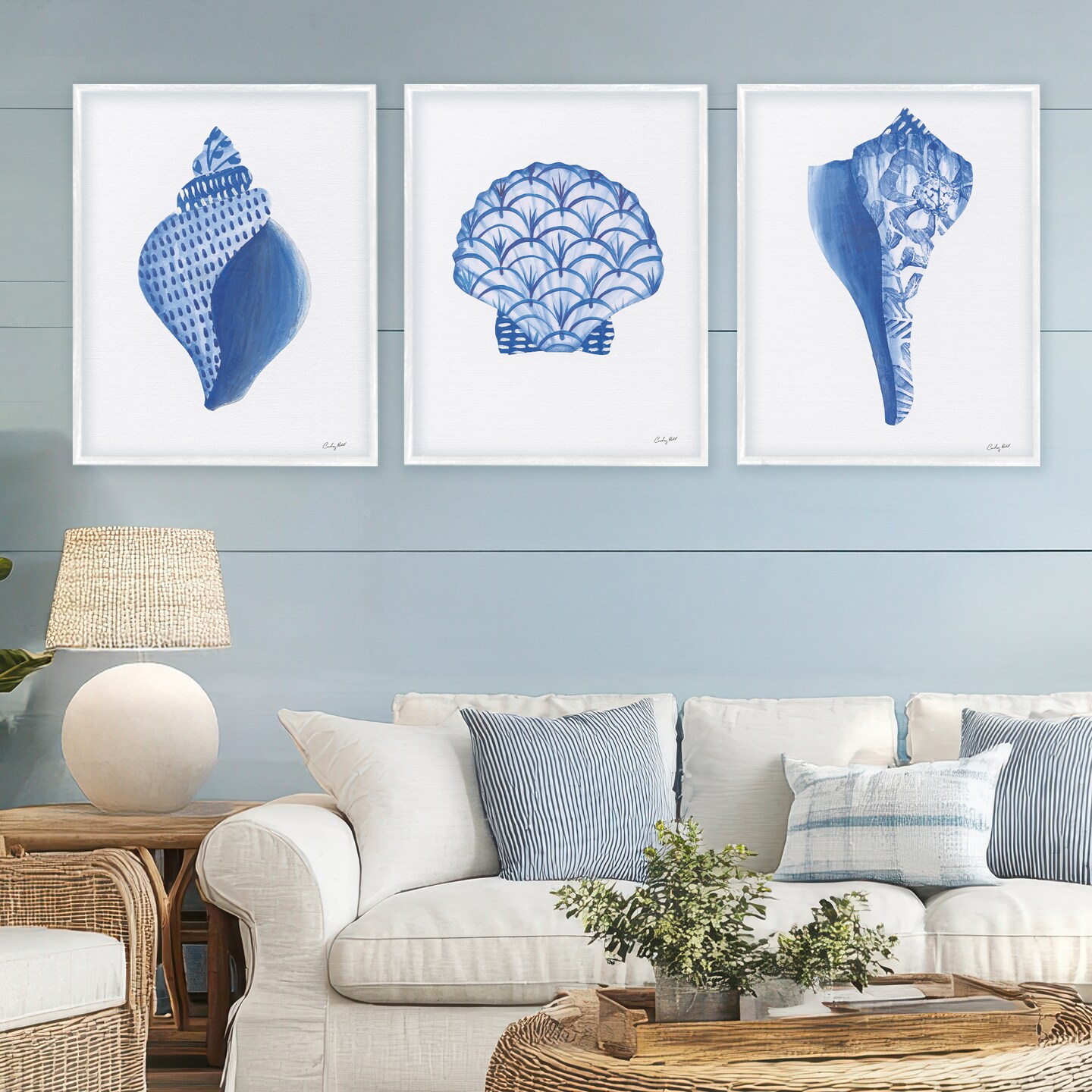 Stupell Industries Blue Chinoiserie Seashells 3pc Framed Giclee Set, design by Courtney Prahl