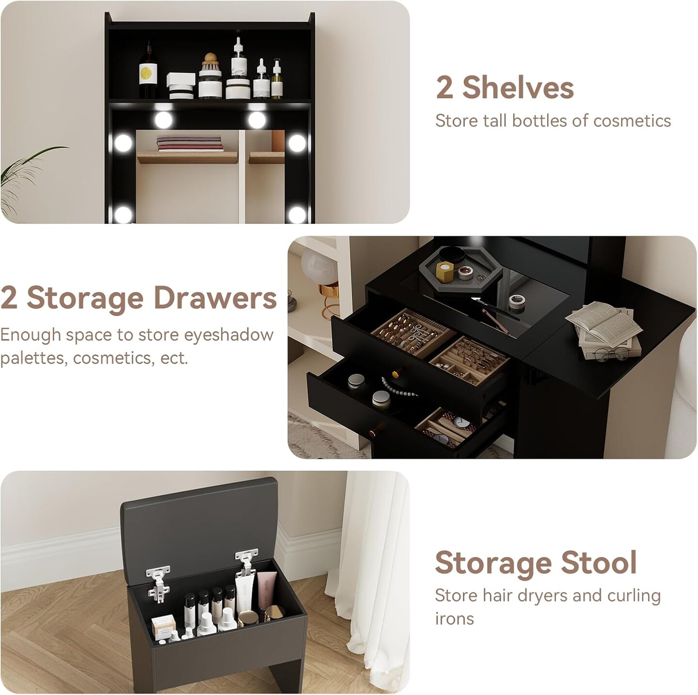Small Vanity Desk with Mirror and Lights Mini Black Makeup Vanities Set with Storage Chair for Bedroom Compact Make up Dressing Table with Fold-up Panel for Tiny Space