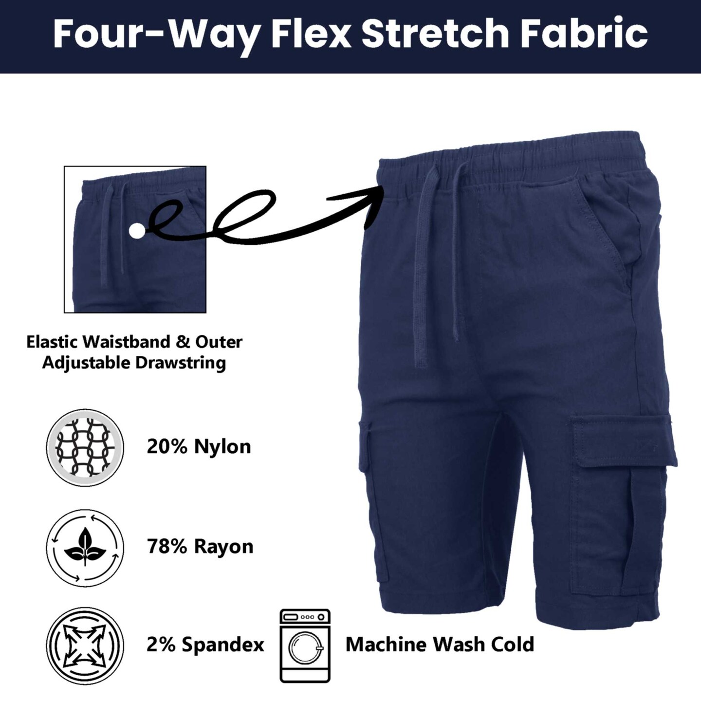 Men’s Flex Cargo Shorts with Elastic Waistband and Drawstring – Comfortable Fit with 6 Pockets and Stretch Fabric (S-2XL)