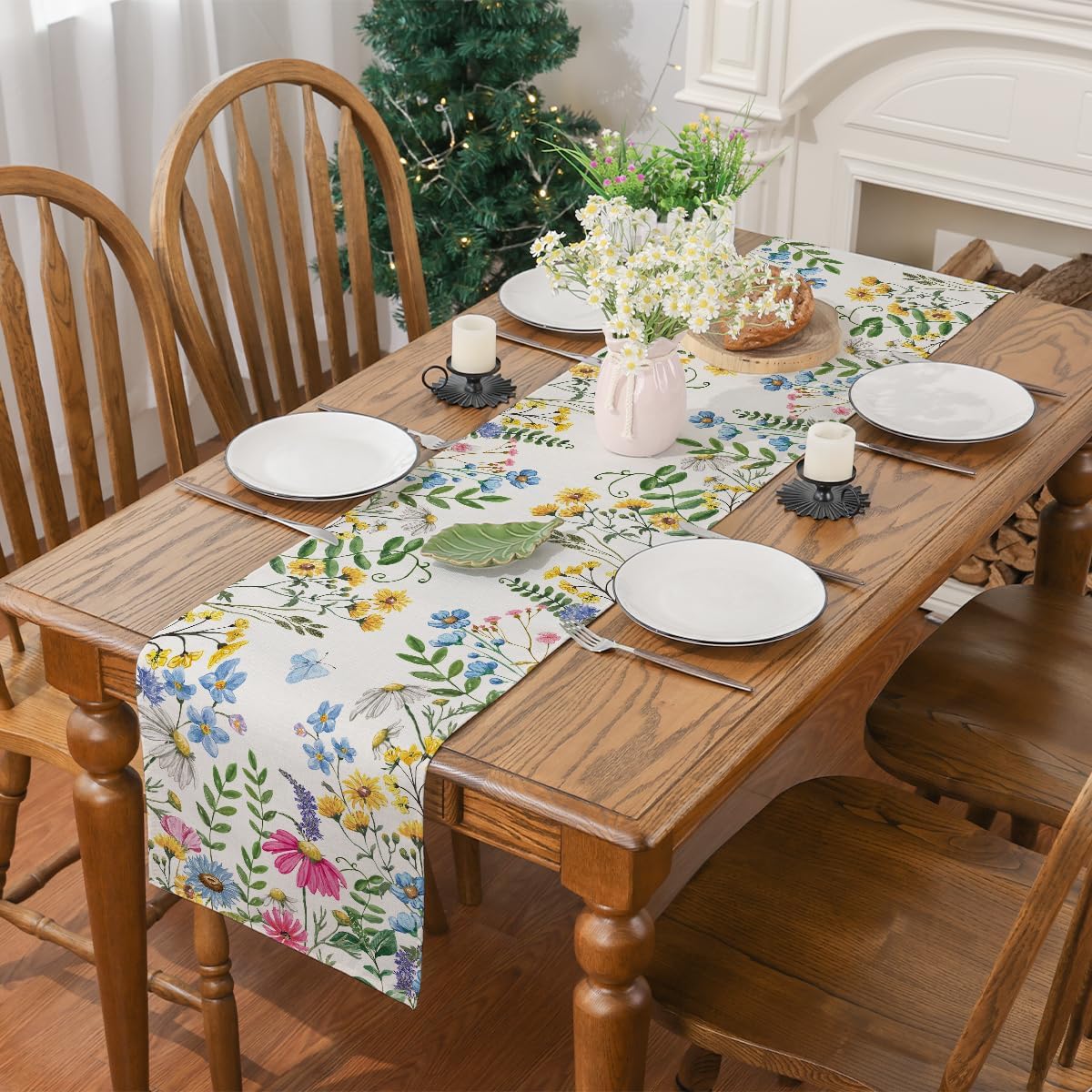 Spring Table Runner, Wildflowers Floral Butterfly Table Decoration Seasonal Summer Home Kitchen Dining Table Indoor Outdoor Farmhouse Decor 13x72 Inch