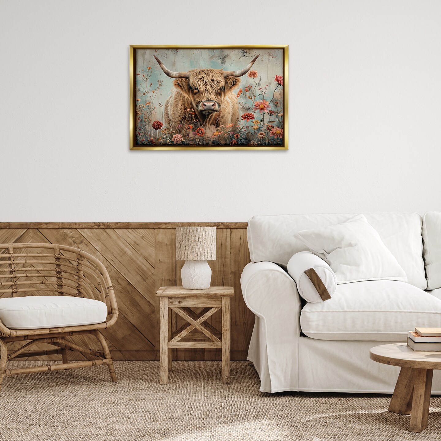 Stupell Industries Spring Blooms Highland Cow Floater Framed Canvas Wall Art Design by LSR Design Studio