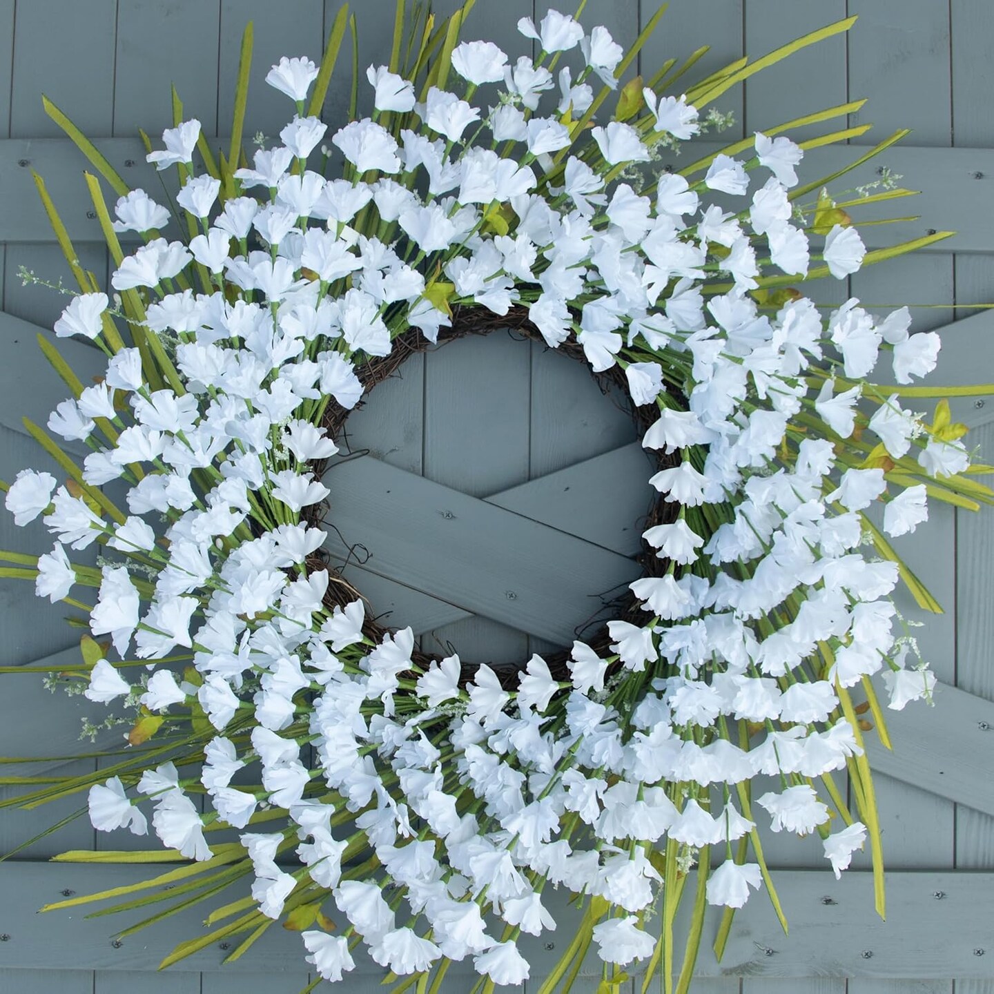 White Summer Wreath 24 Inch Artificial Summer Wreaths for Front Door Summer Floral Wreath with White Flowers Berries for Wall Porch Farmhouse Summertime Holidays