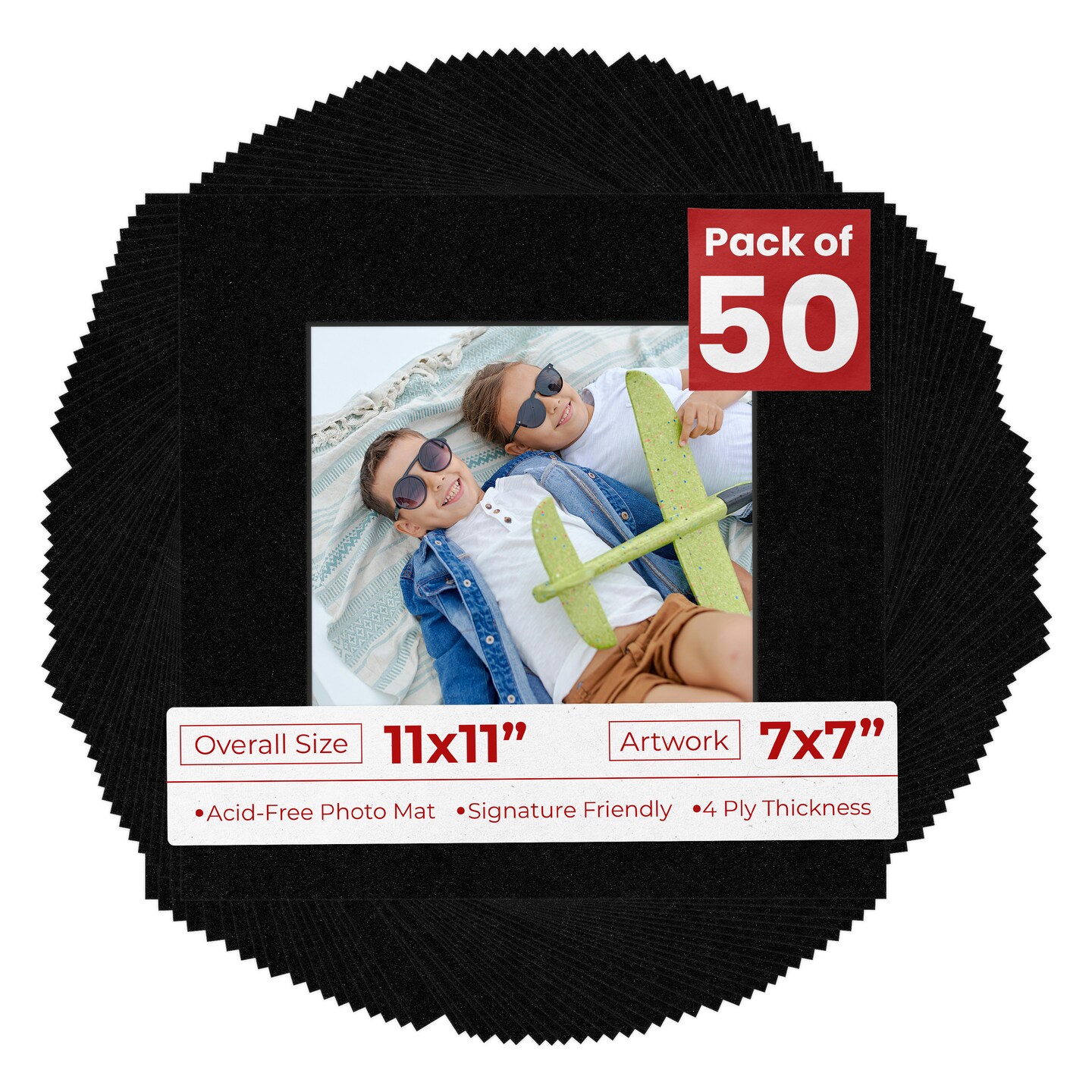 Black with Black Core Mat Board for 11x11 Frames - Fits 7x7 Photos
