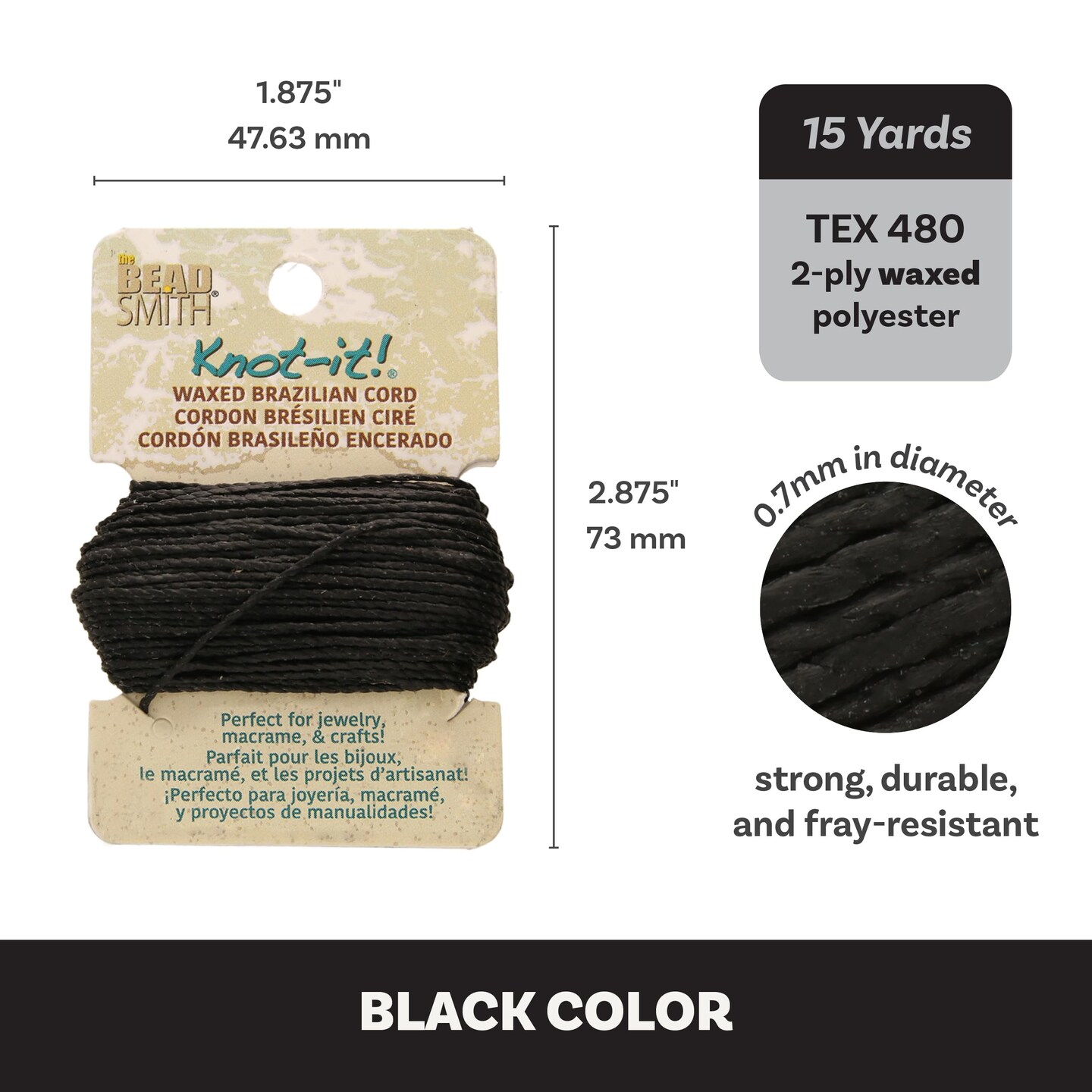 The Beadsmith Waxed Brazilian Cord, 0.7 mm Diameter, Light Wax, 15 Yards (13.7 m)