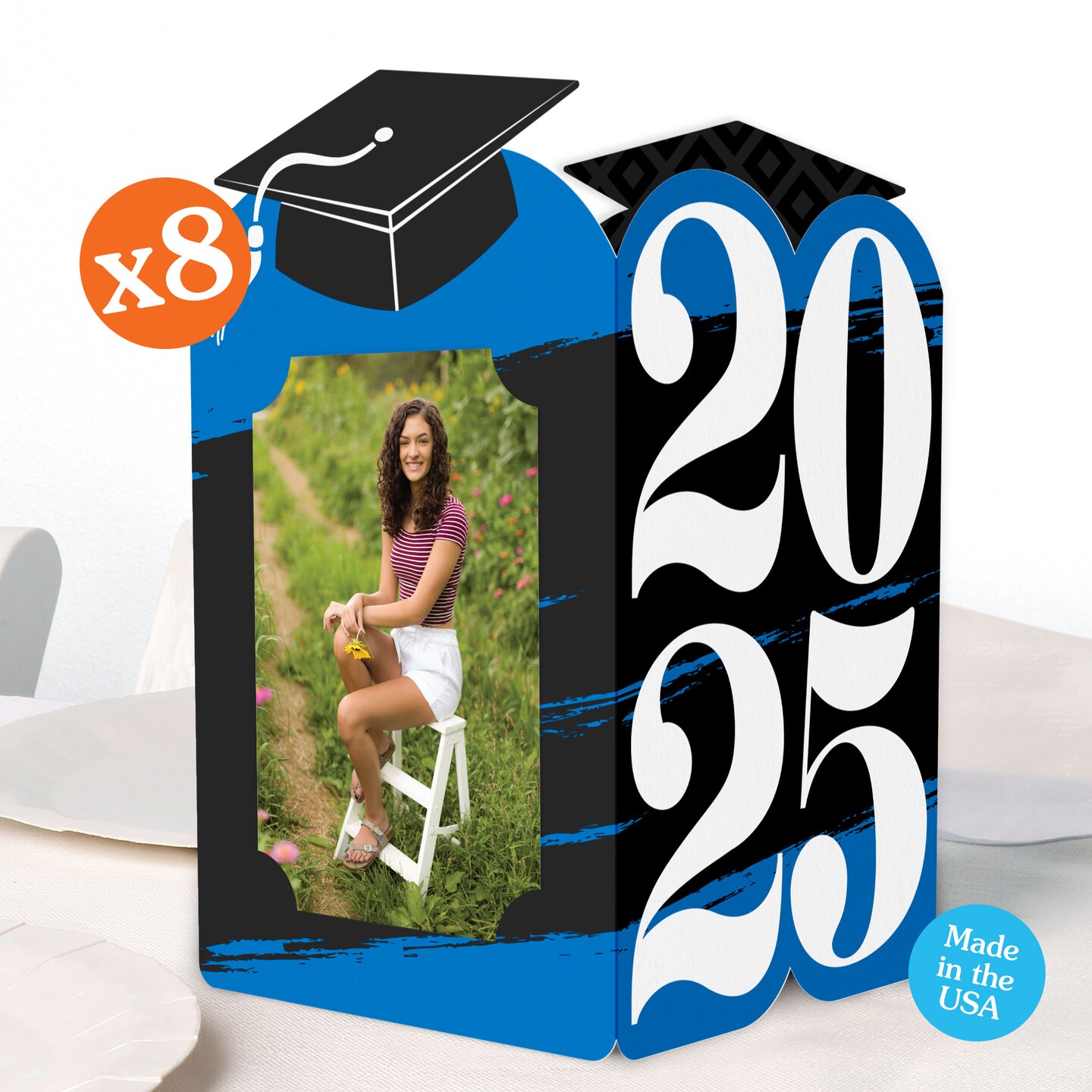 Big Dot of Happiness Blue 2025 Graduation Photo Holder Centerpieces, 4x6 Picture Display Box, Table Decoration Centerpiece for Grad Party Decor, 8 Count
