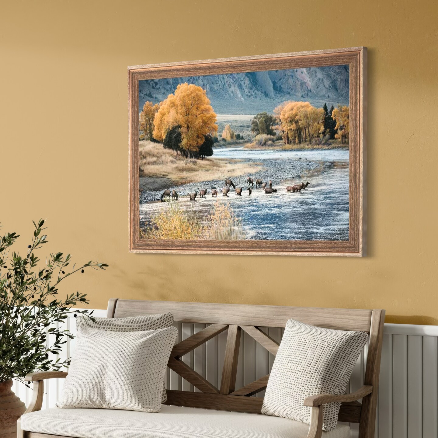 Framed Scenic Wildlife Artwork - Elk in Paradise Valley Picture in Barnwood  Frame - Cabin or Lodge Style Wall Decor | MakerPlace by Michaels, image size:1080x1080