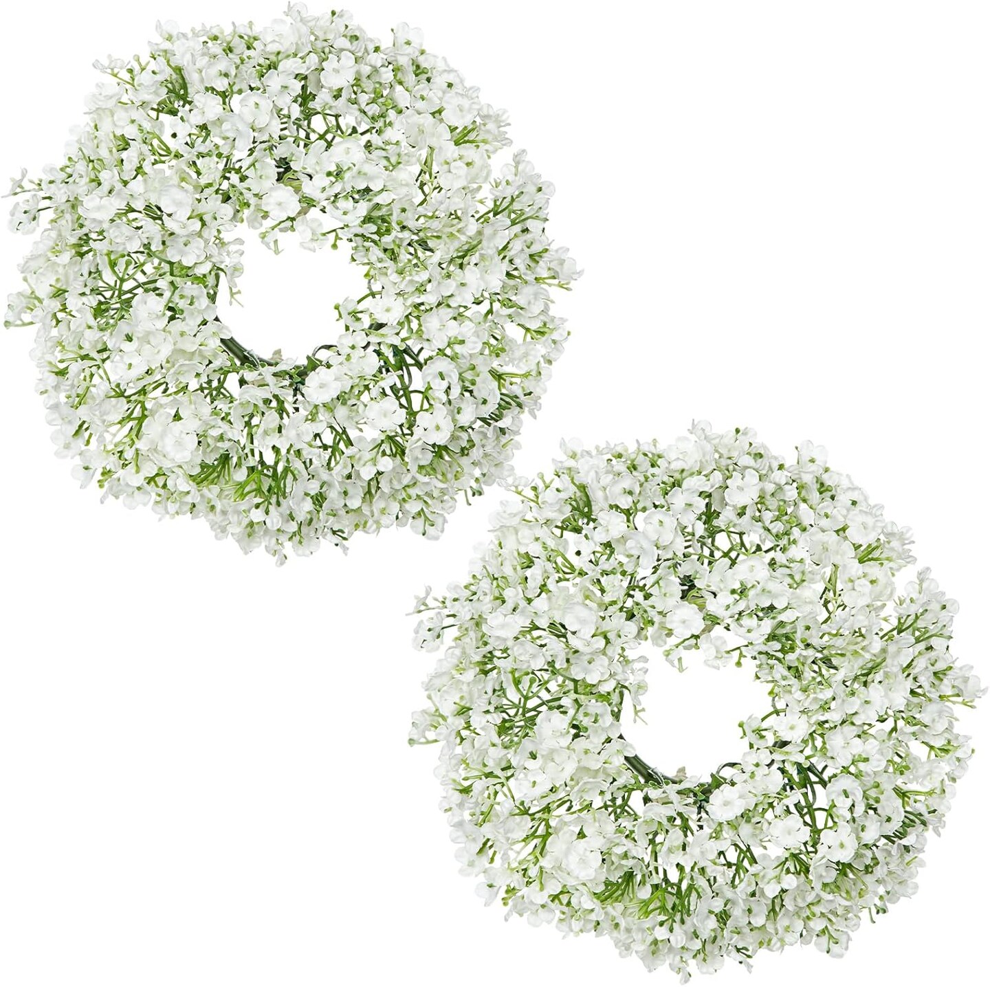2 Pcs Small Artificial Baby's Breath Wreaths - 10" White Gypsophila Flower Garland & Candle Rings for Front Door, Kitchen Cabinets, Wedding Tabletop & Farmhouse Decor