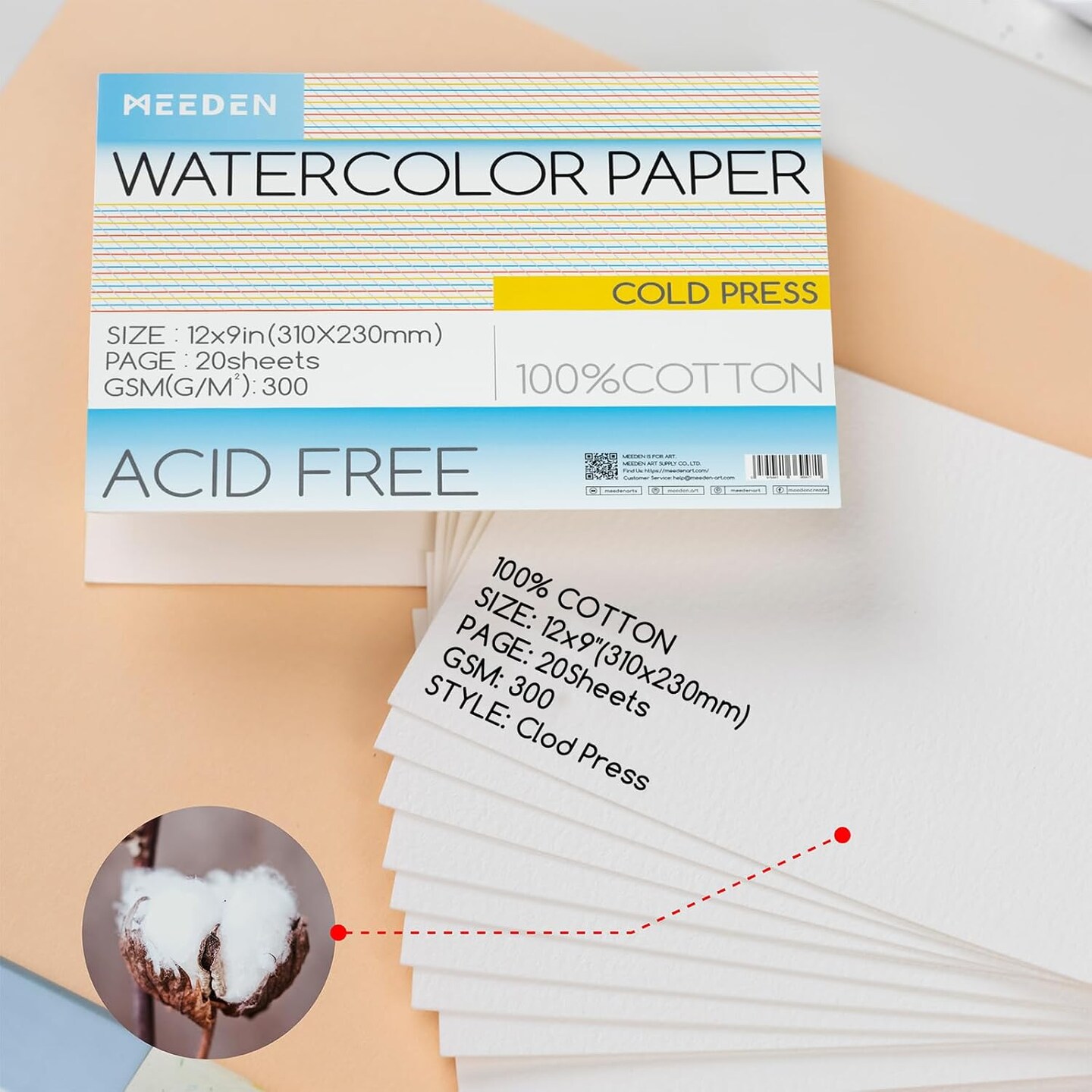 MEEDEN Watercolor Paper Block, 100% Cotton Watercolor Paper Pad of 20 Sheets, 140lb/300gms, Acid-Free Art Paper for Watercolor, Gouache, Ink and More, 9&#x22; x 12&#x22; Cold Press