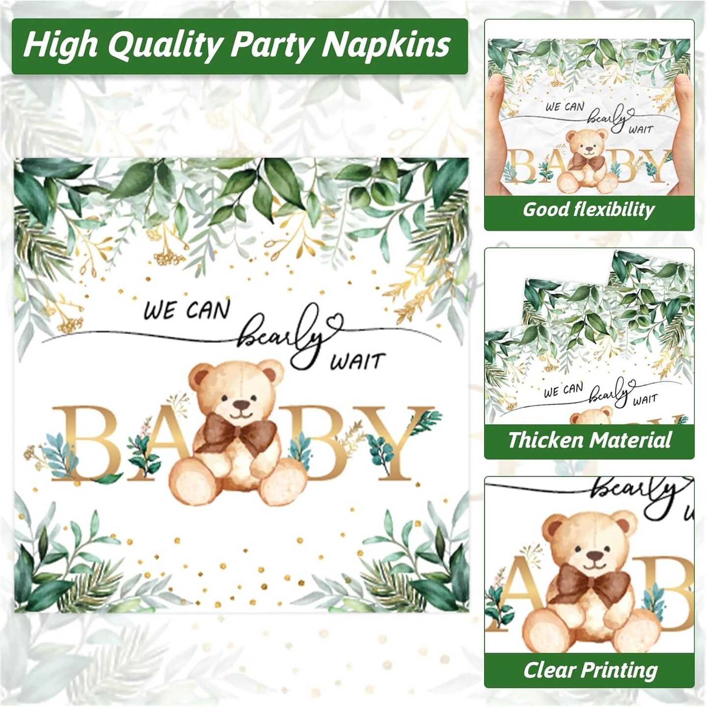 200PCS Sage Green Bear Baby Shower Decoration Teddy Plates, Serves 50 (Green)