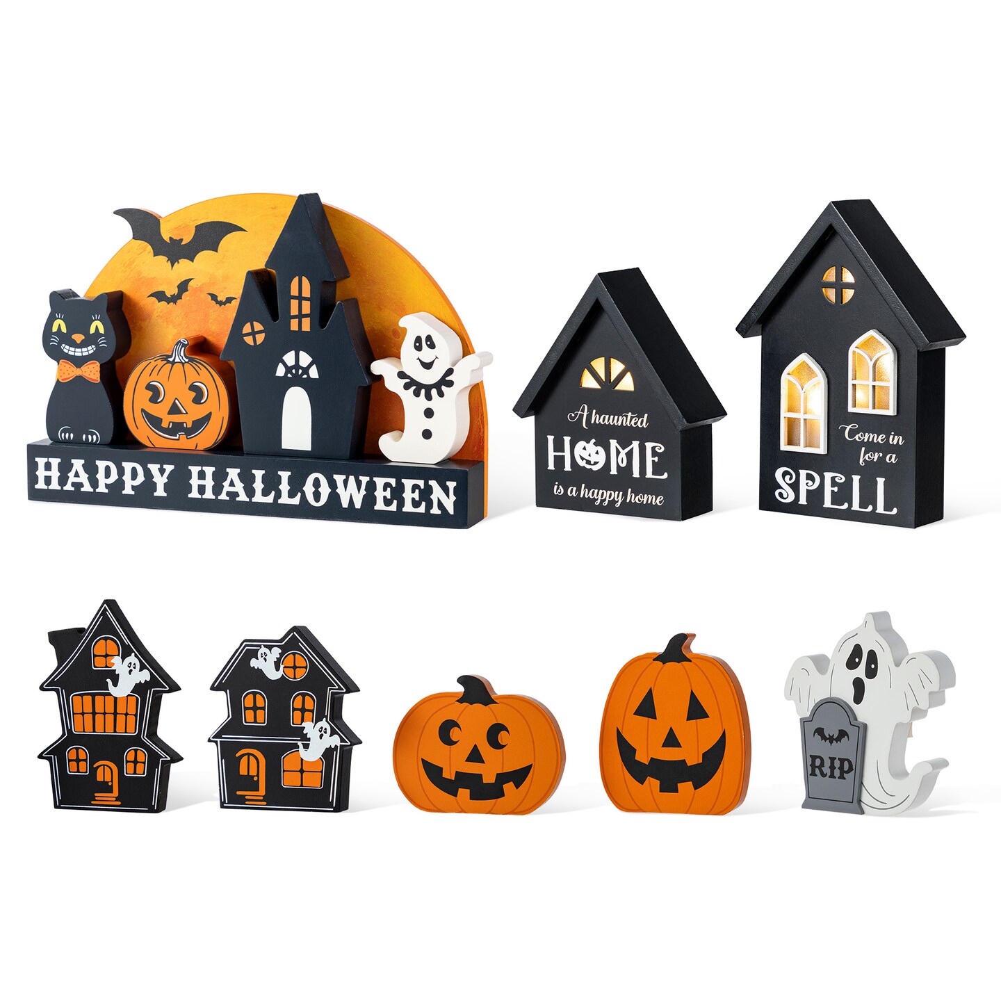 Set of 12 Halloween Wooden Haunted Table Block Set