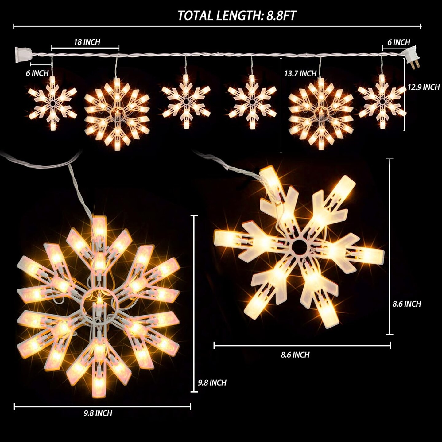 Christmas Snowflake Outdoor Lights Decor - 100 Count 8.5FT (Warm White)