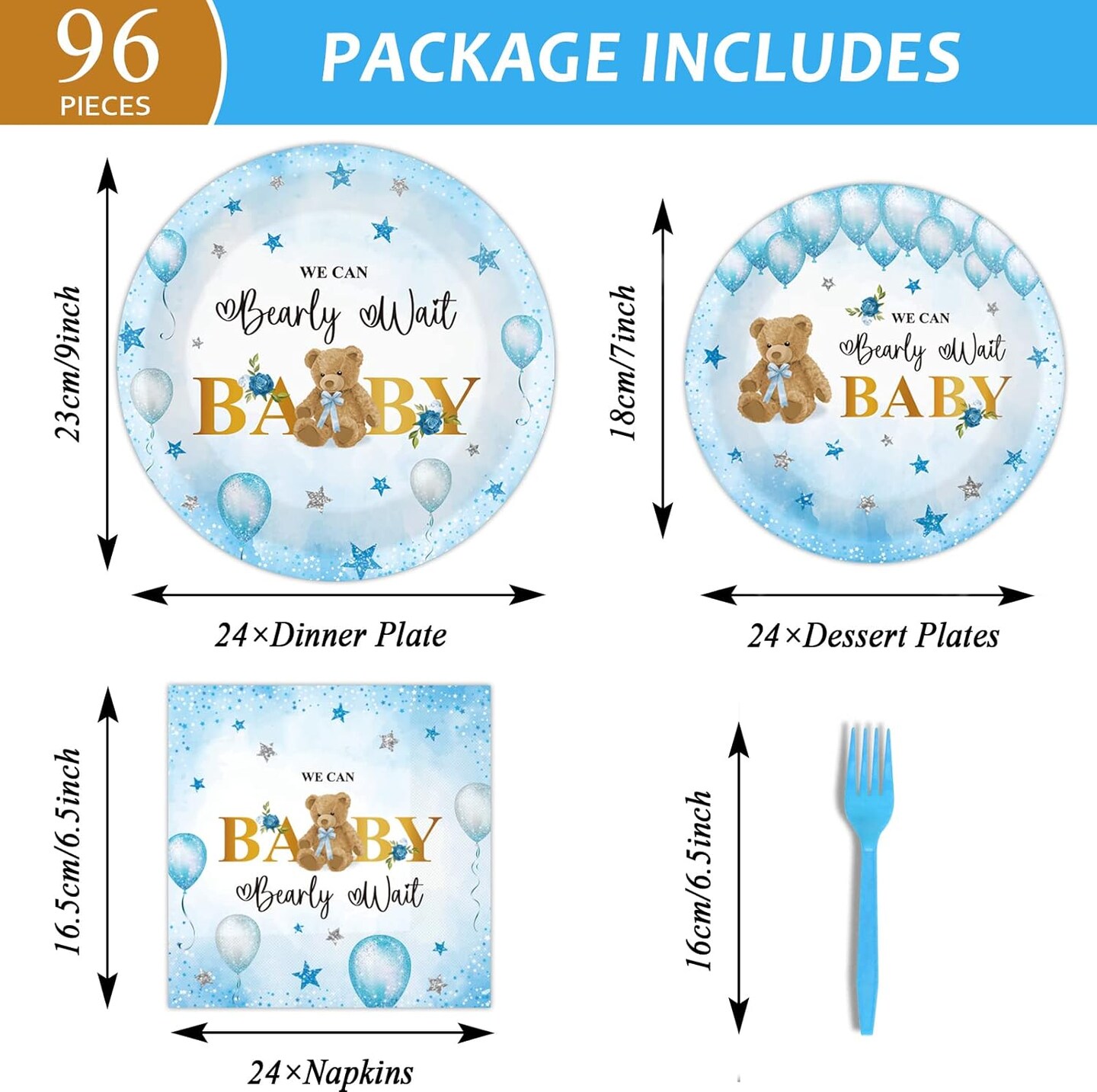 96pc "We Can Bearly Wait" Baby Shower Tableware Set (Serves 24) - Teddy Bear, Balloon & Star Plates, Napkins & Blue Forks - Premium Disposable Dinnerware for Boys & Gender Reveal Party Decorations