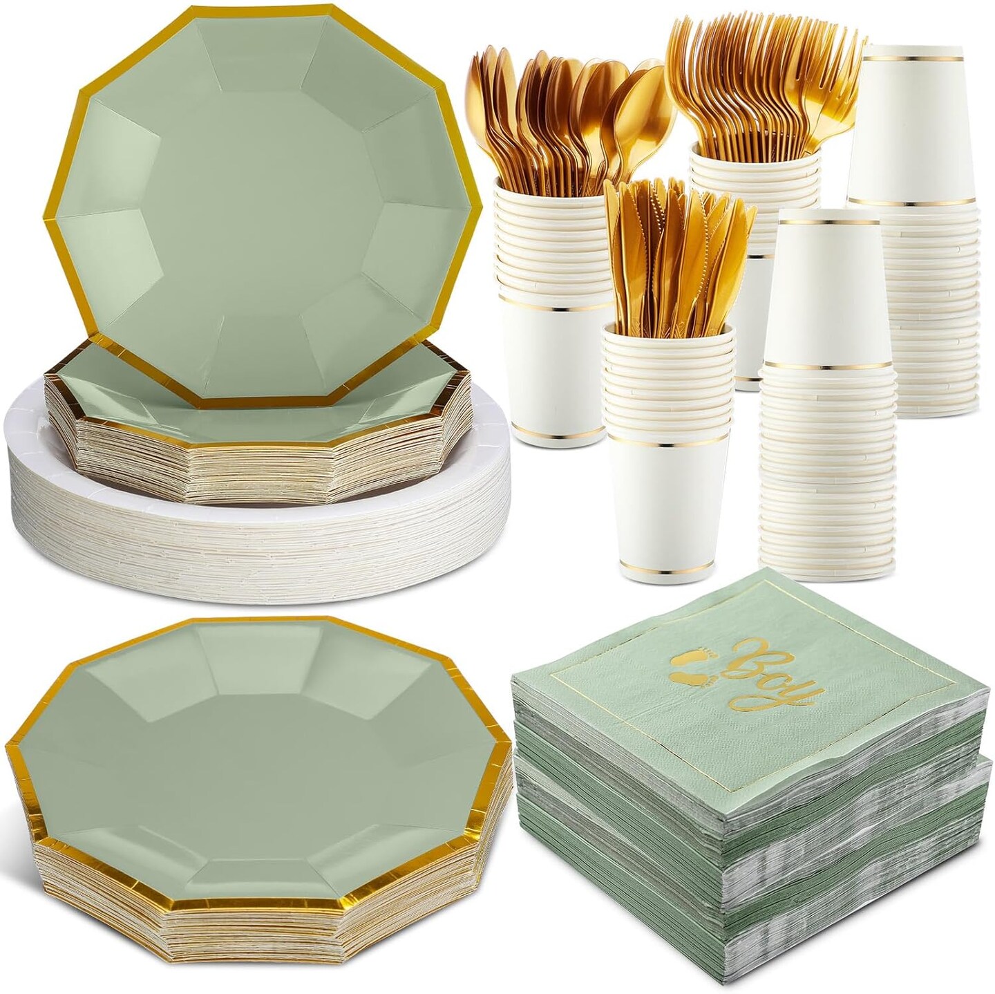 400 Pcs Baby Shower Dinnerware for 50 Guest Baby Shower,(Green,Baby Boy)