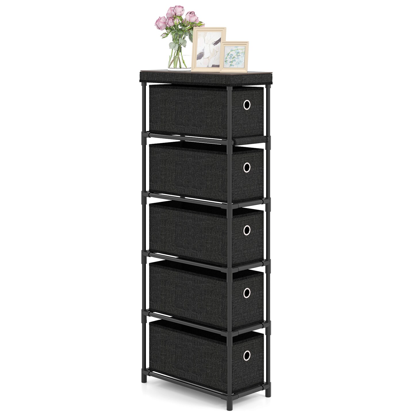 Black MDF Metal Storage Dresser with 5 Foldable Drawers and Industrial Wood Top