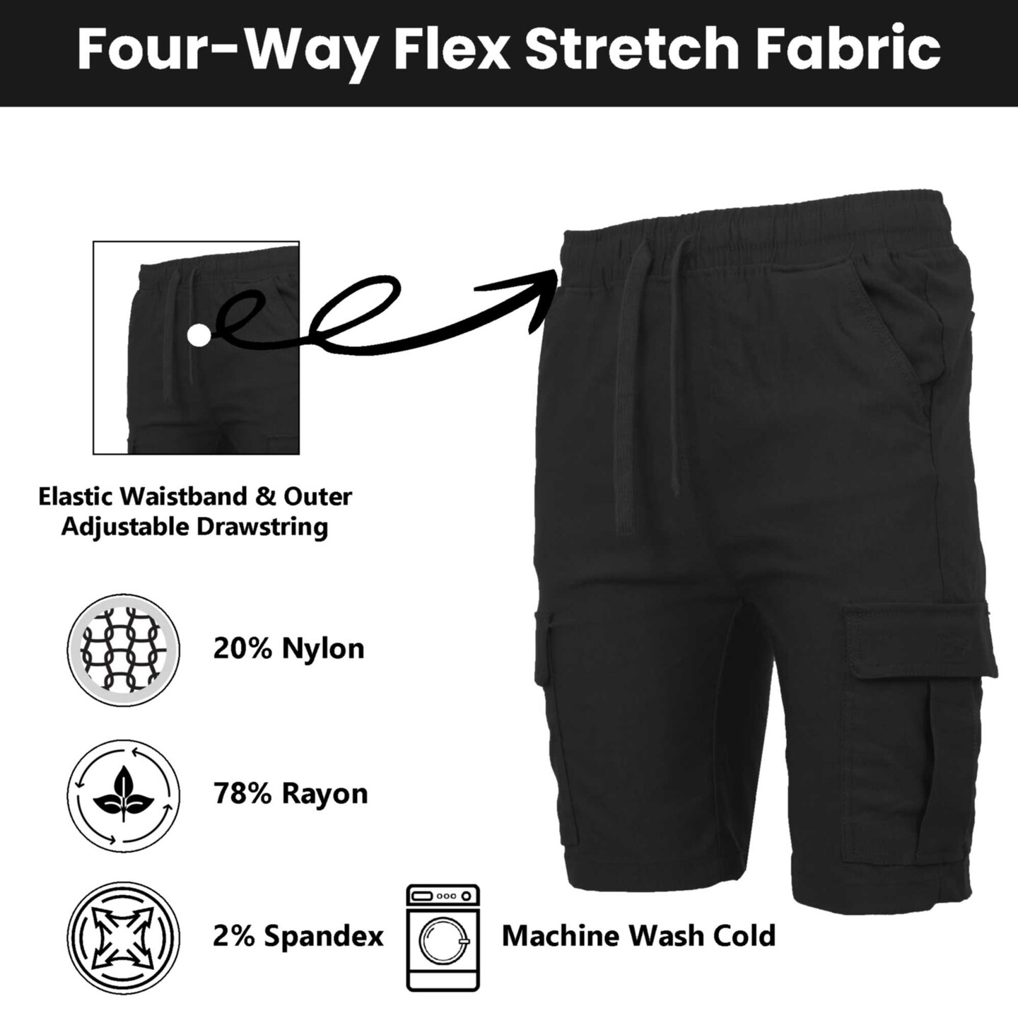 Men’s Flex Cargo Shorts with Elastic Waistband and Drawstring – Comfortable Fit with 6 Pockets and Stretch Fabric (S-2XL)
